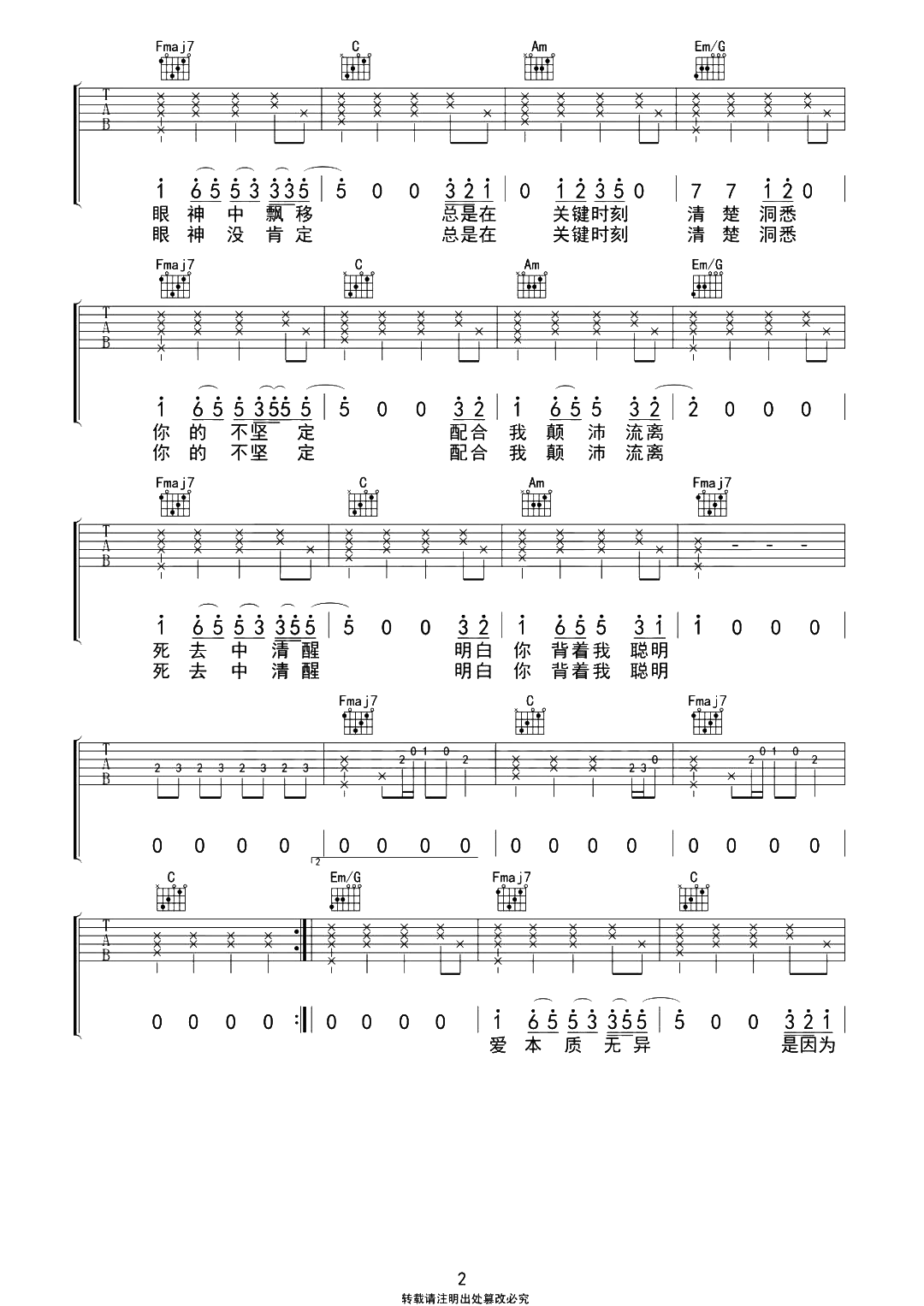 唯一吉他谱-告五人-C调超原版-附弹唱示范视频简谱