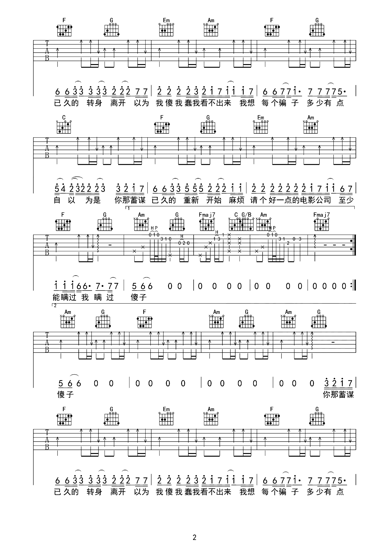骗子吉他谱-文夫-C调超原版-附吉他演示教学简谱