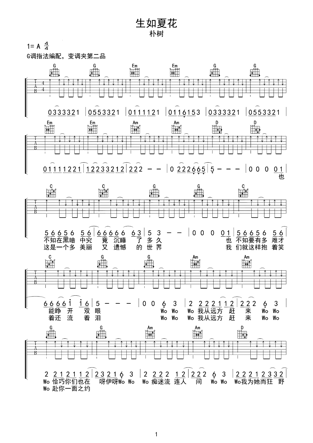 生如夏花吉他谱-朴树-G调扫原版弹唱谱-吉他演示视频简谱