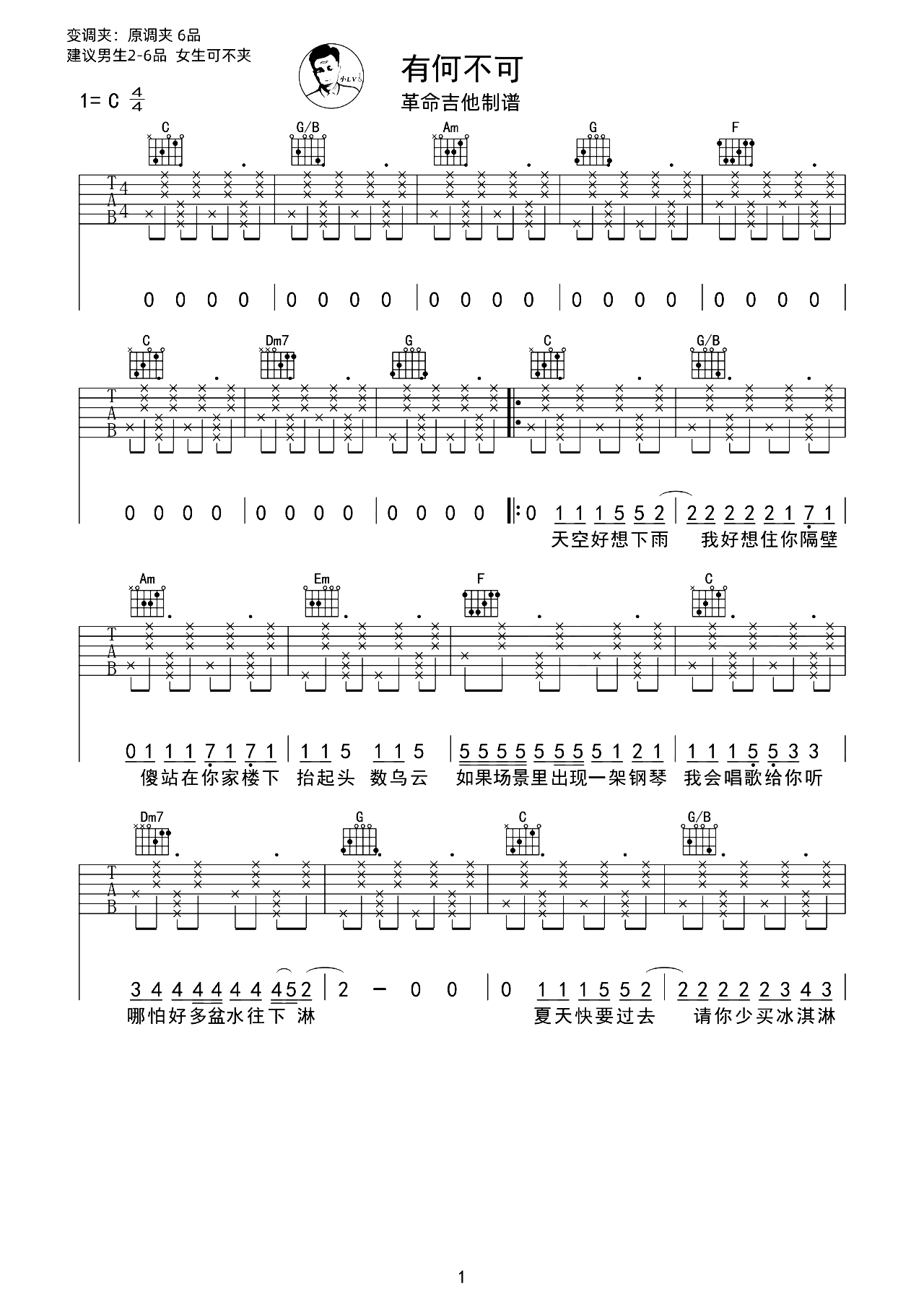 有何不可吉他谱-许嵩-C调原版弹唱谱-附演示教学简谱