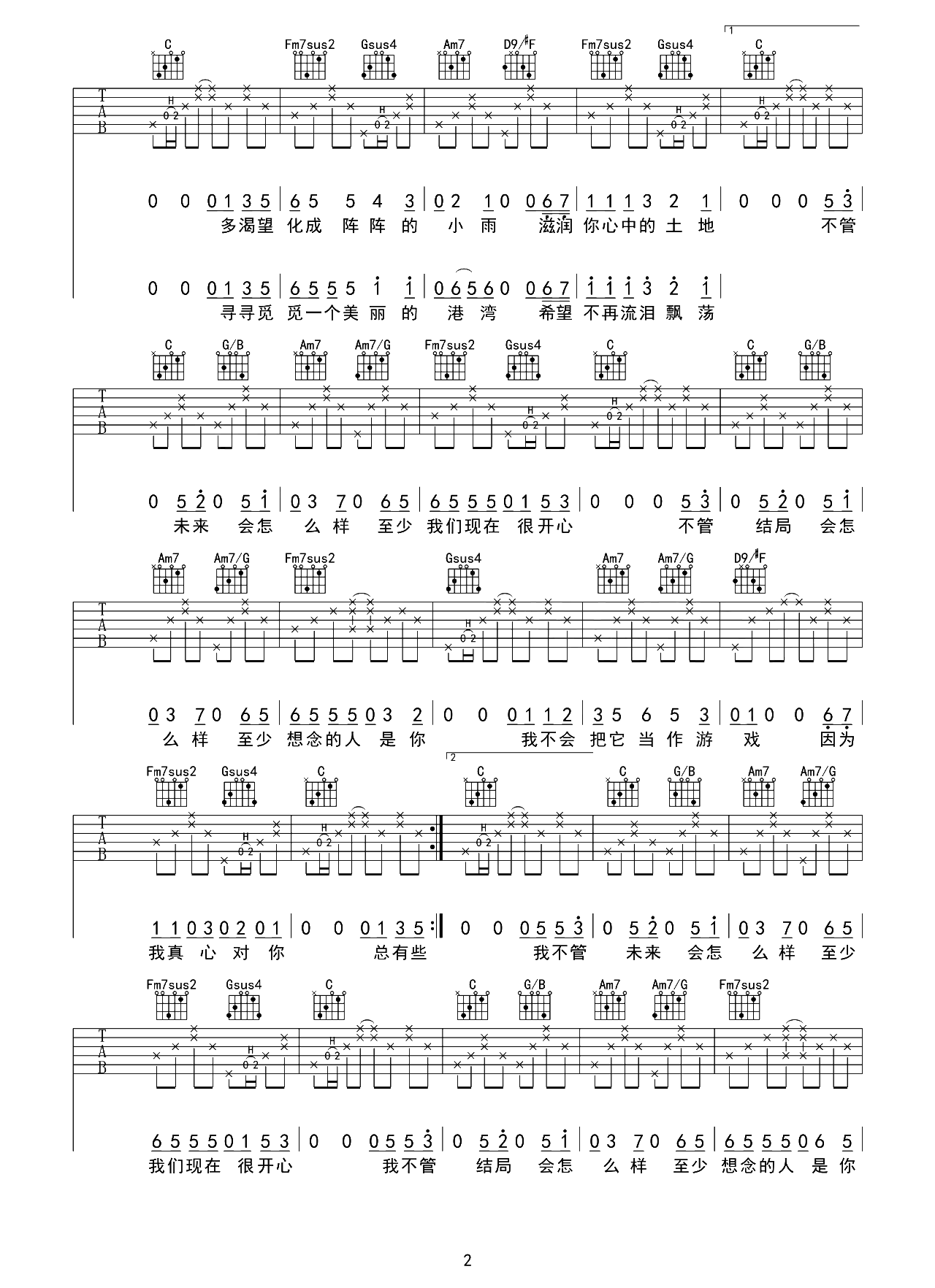 小宇吉他谱-张震岳-D调指法弹唱谱-附演示教学简谱