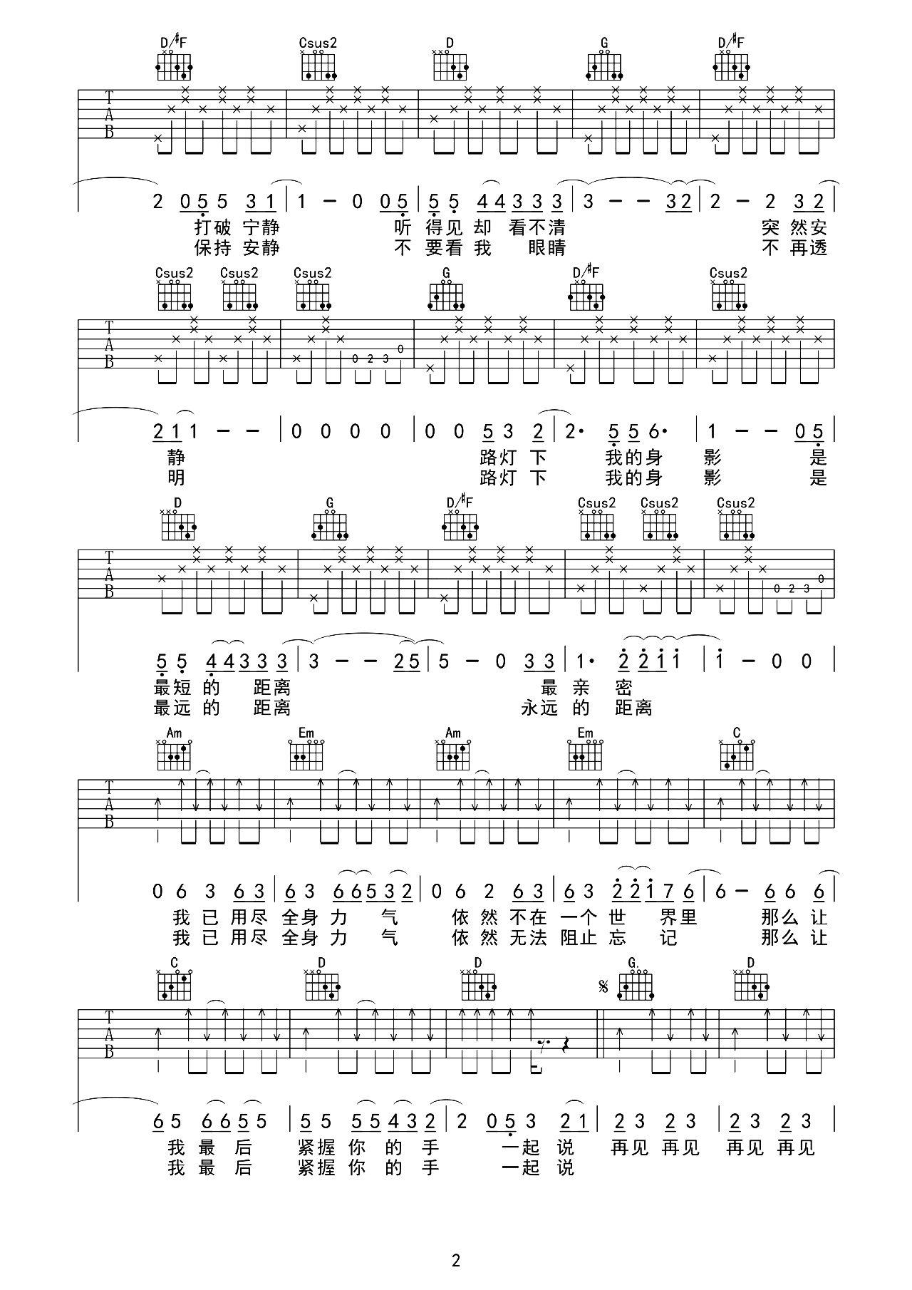 再见再见吉他谱-逃跑计划乐队-G调原版弹唱谱-附教学演示简谱