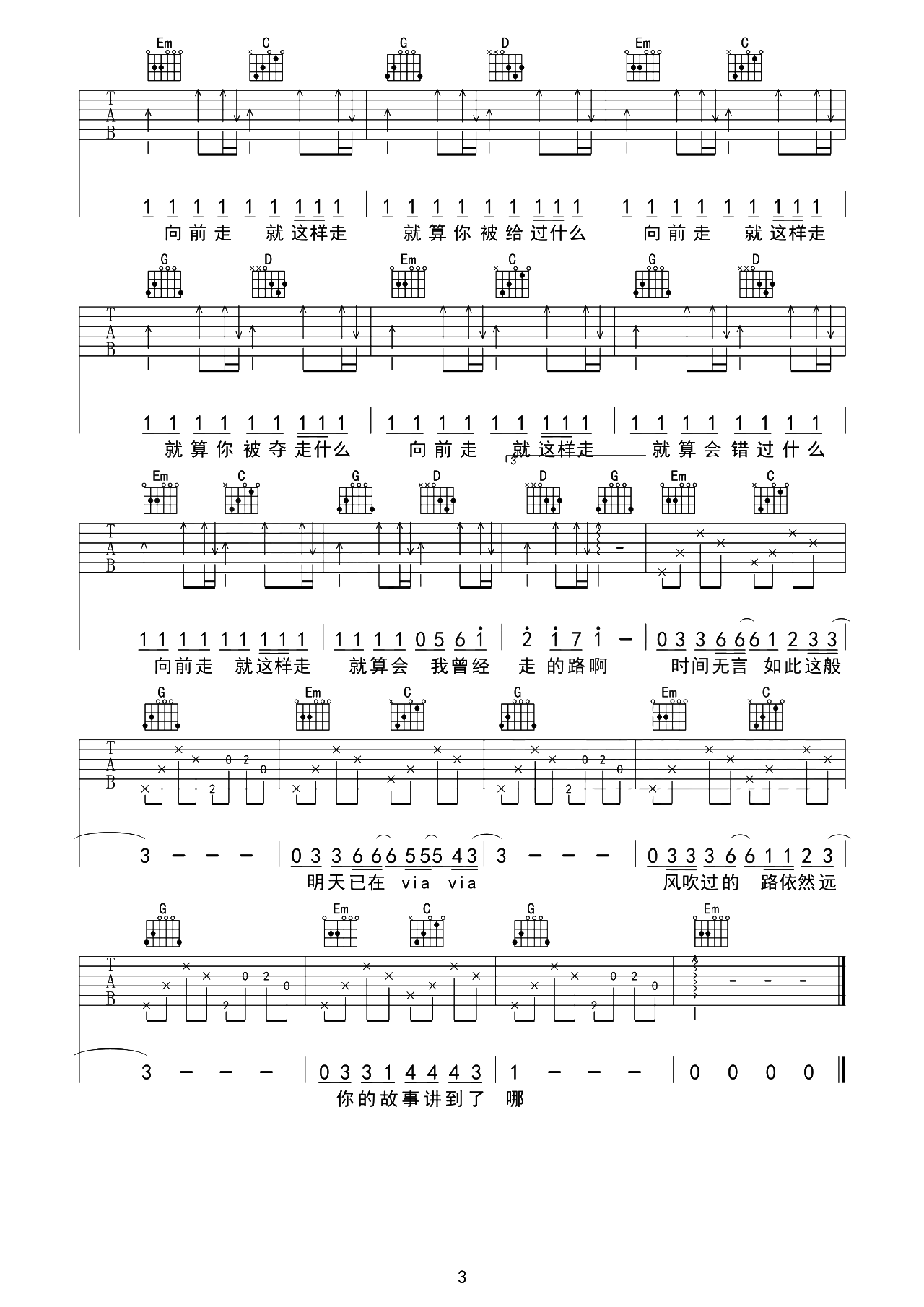 平凡之路吉他谱-朴树-G调原版-附弹唱演示教学简谱