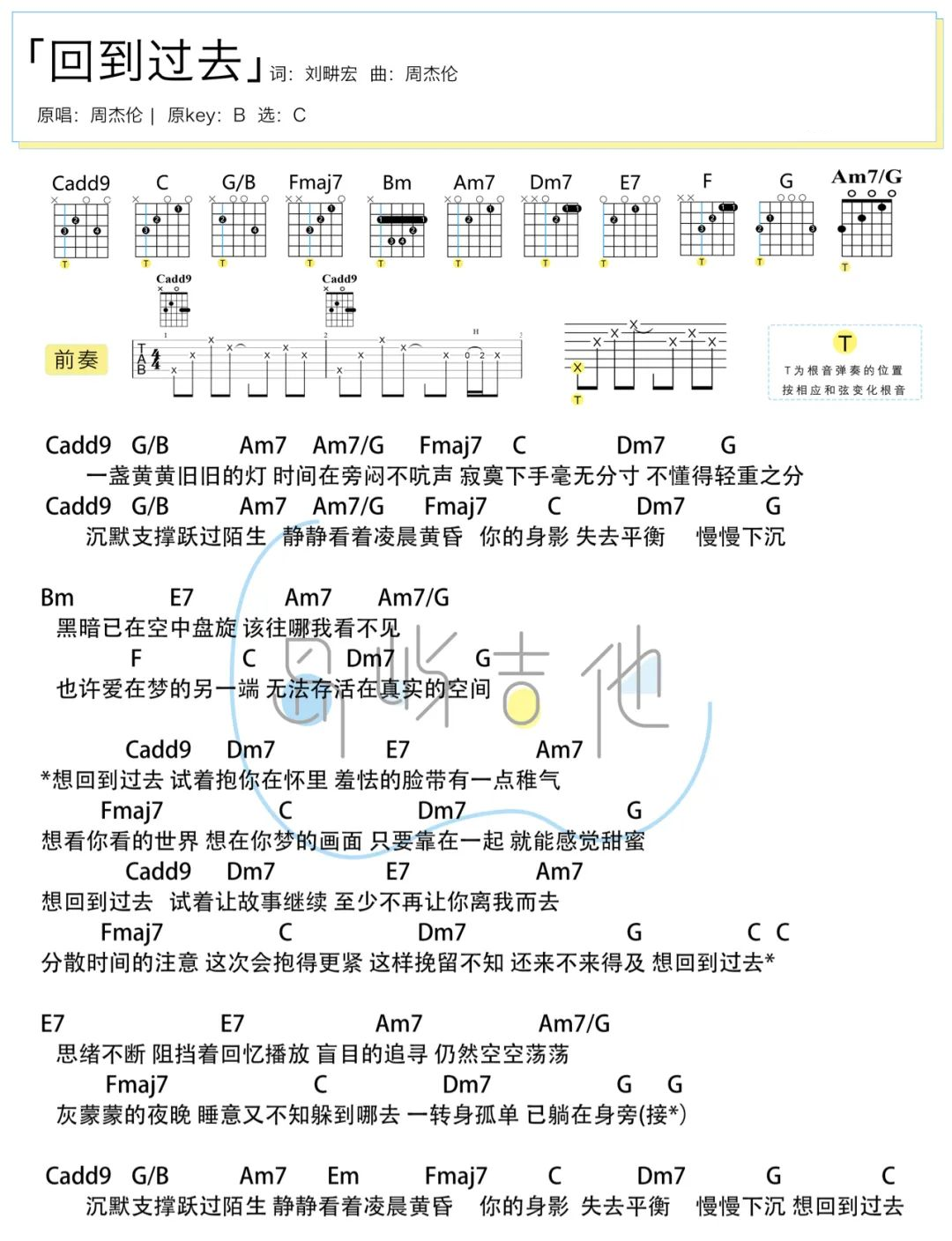 回到过去吉他谱-周杰伦-C调女生版弹唱谱-附演示教学简谱