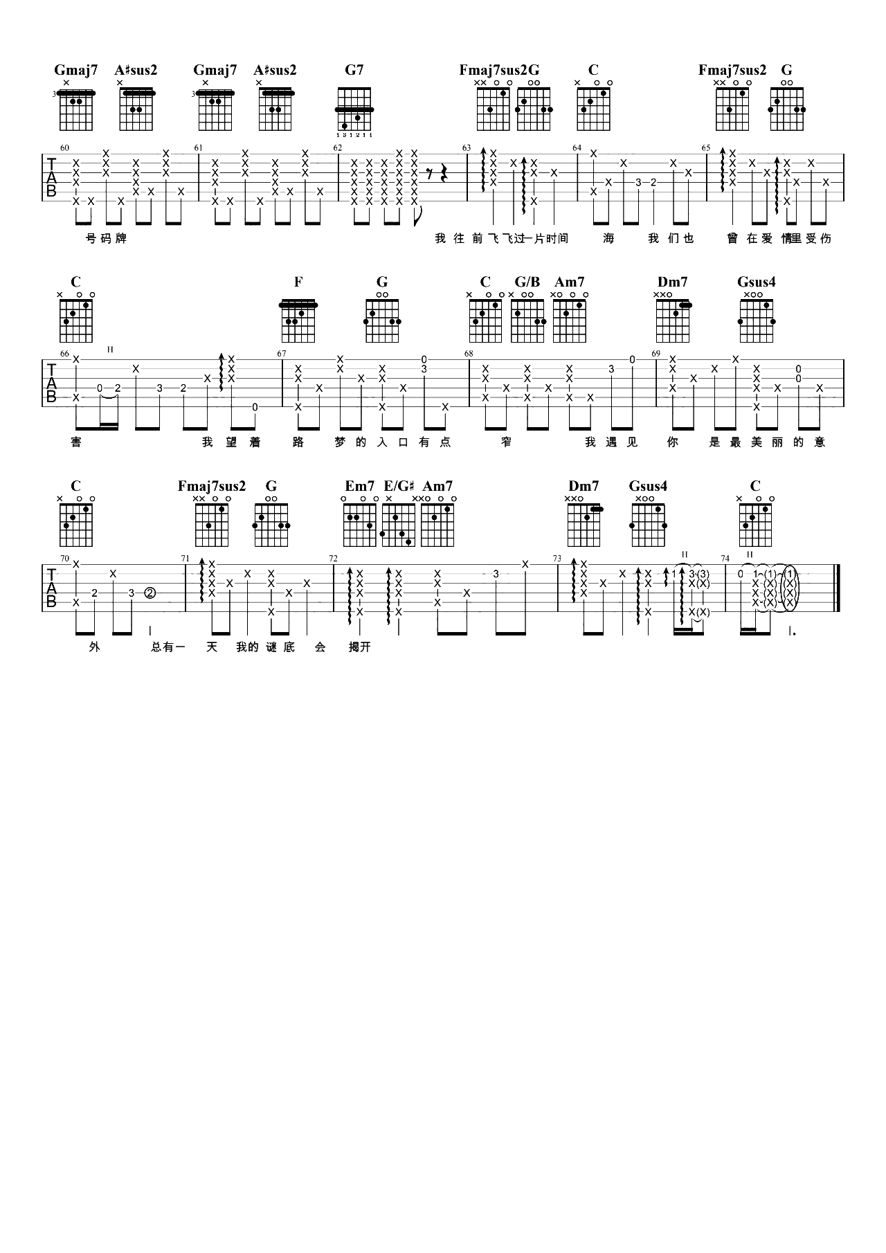 孙燕姿《遇见》吉他谱-C调超原版-男生弹唱 孙燕姿《遇见》吉他谱-C调超原版-男生弹唱
