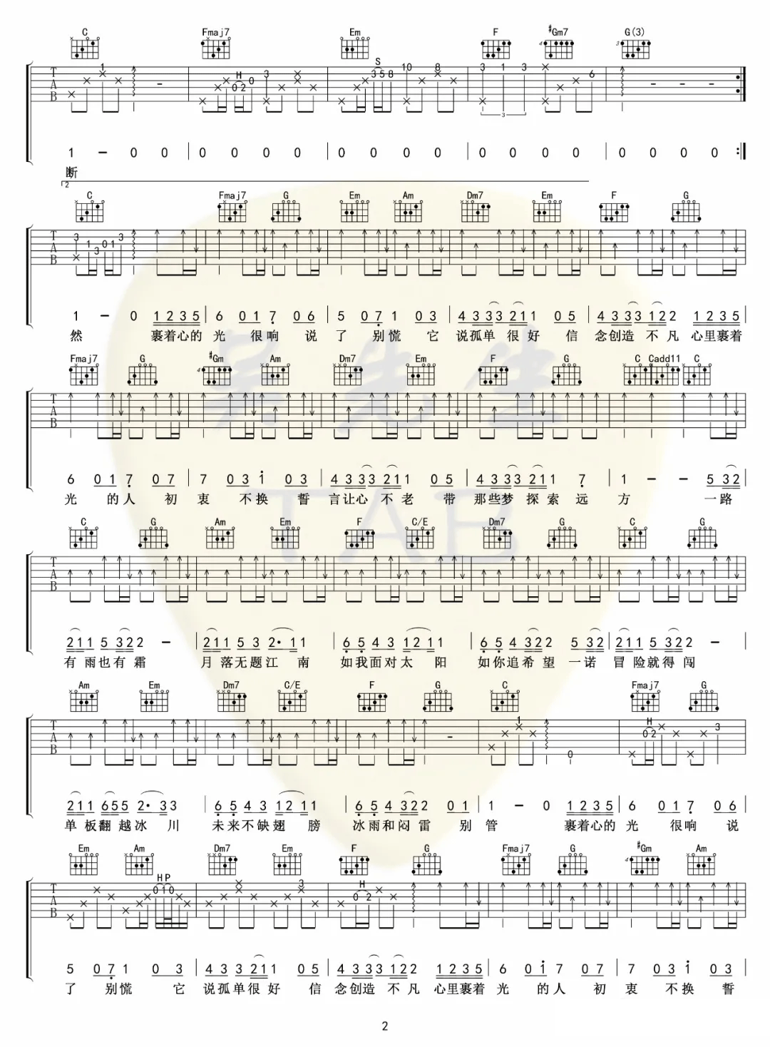 林俊杰《裹着心的光》吉他谱-C调原版图片谱简谱