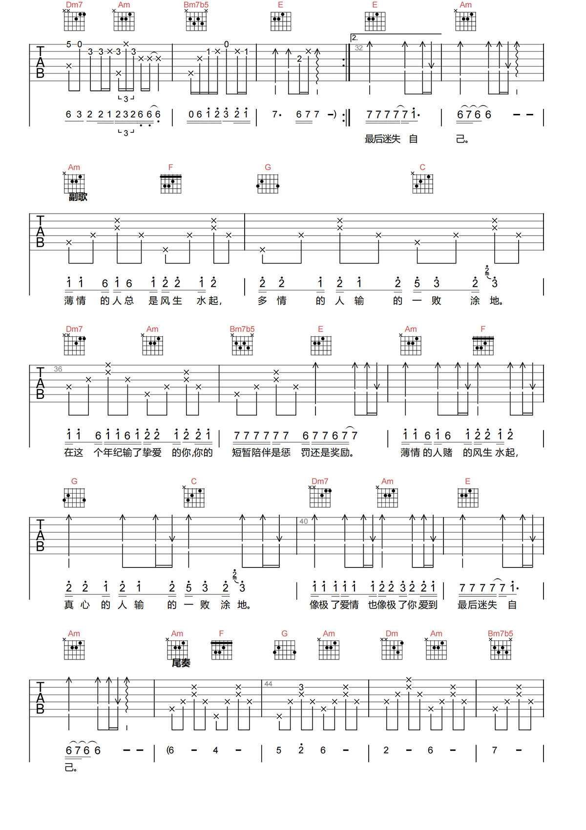 惩罚与奖励吉他谱-侯润泽-C调原版吉他谱-高清弹唱谱简谱