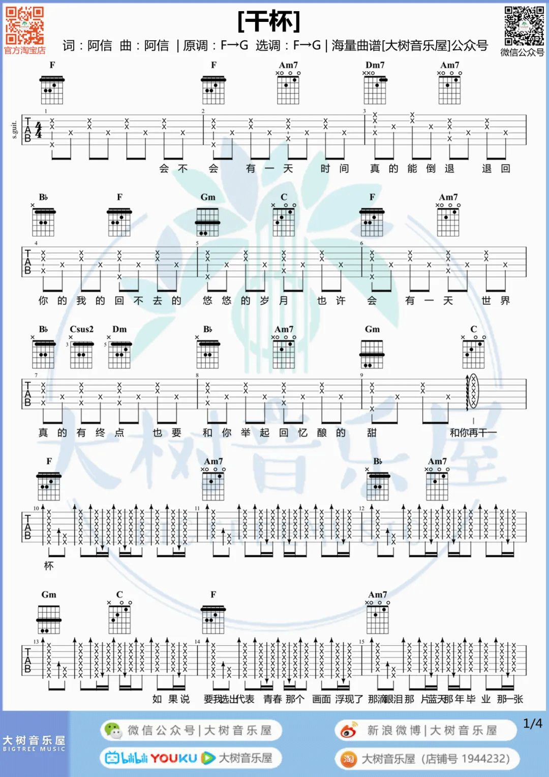 五月天《干杯》吉他谱-《干杯》F调吉他谱-附弹唱教学简谱