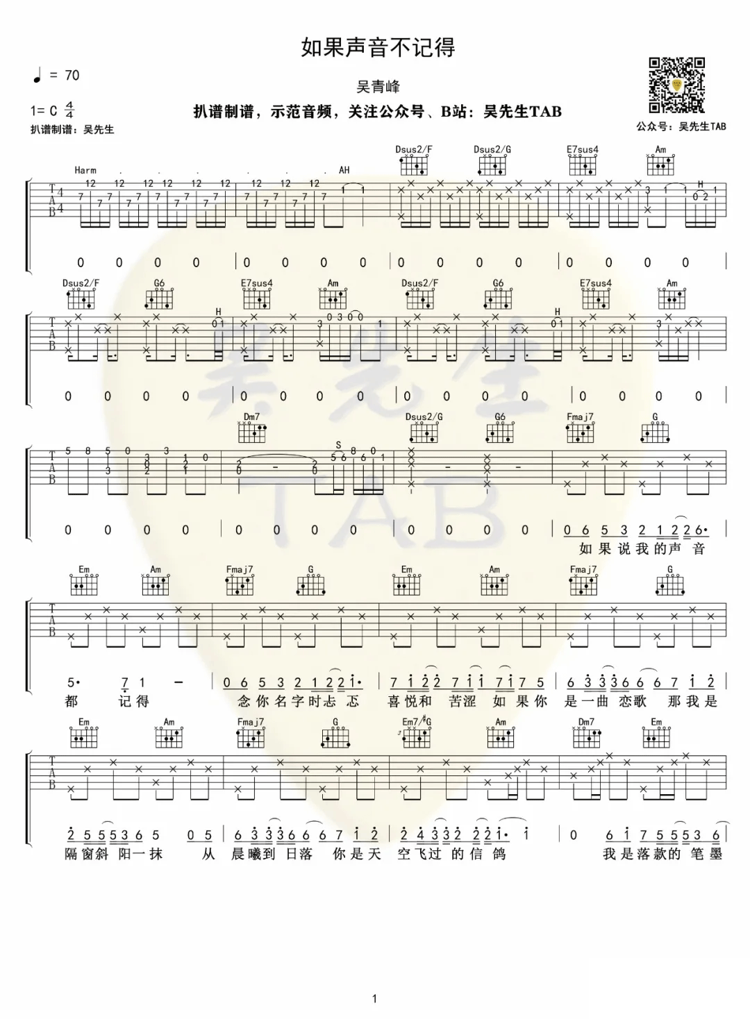 吴青峰《如果声音不记得》吉他谱-C调原版弹唱吉他谱简谱