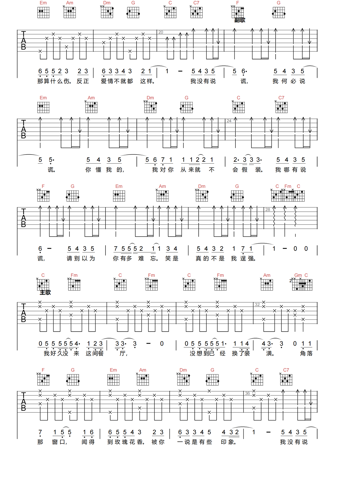 林宥嘉《说谎》吉他谱-《说谎》C调简单原版吉他谱简谱