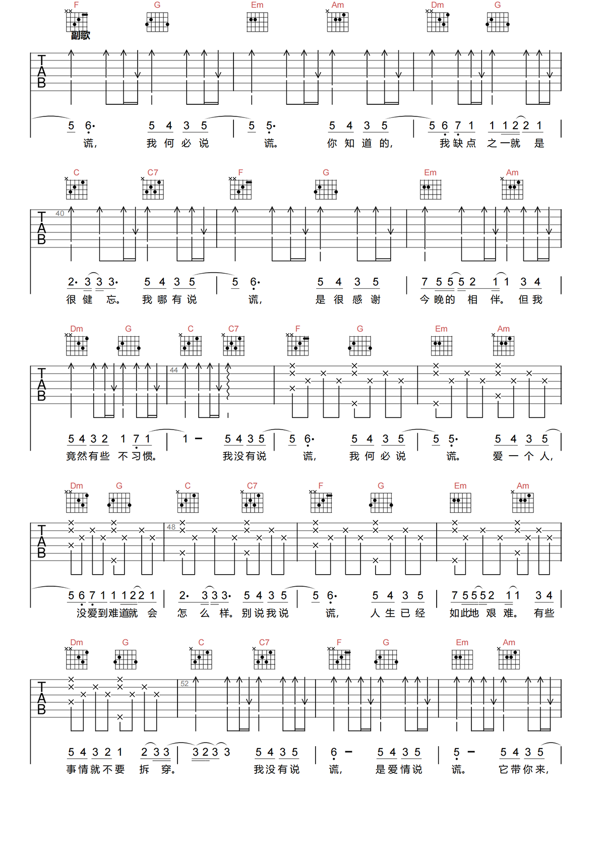 林宥嘉《说谎》吉他谱-《说谎》C调简单原版吉他谱简谱