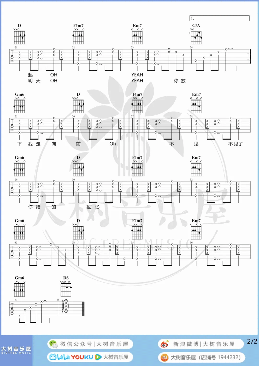 孙燕姿《一样的夏天》吉他谱-孙燕姿-D调原版弹唱吉他谱