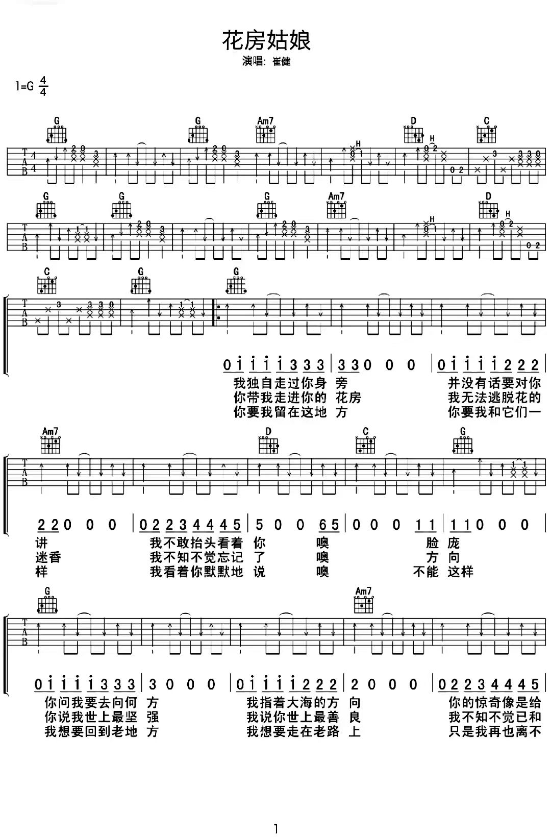 崔健《花房姑娘》吉他谱-G调原版图谱简谱