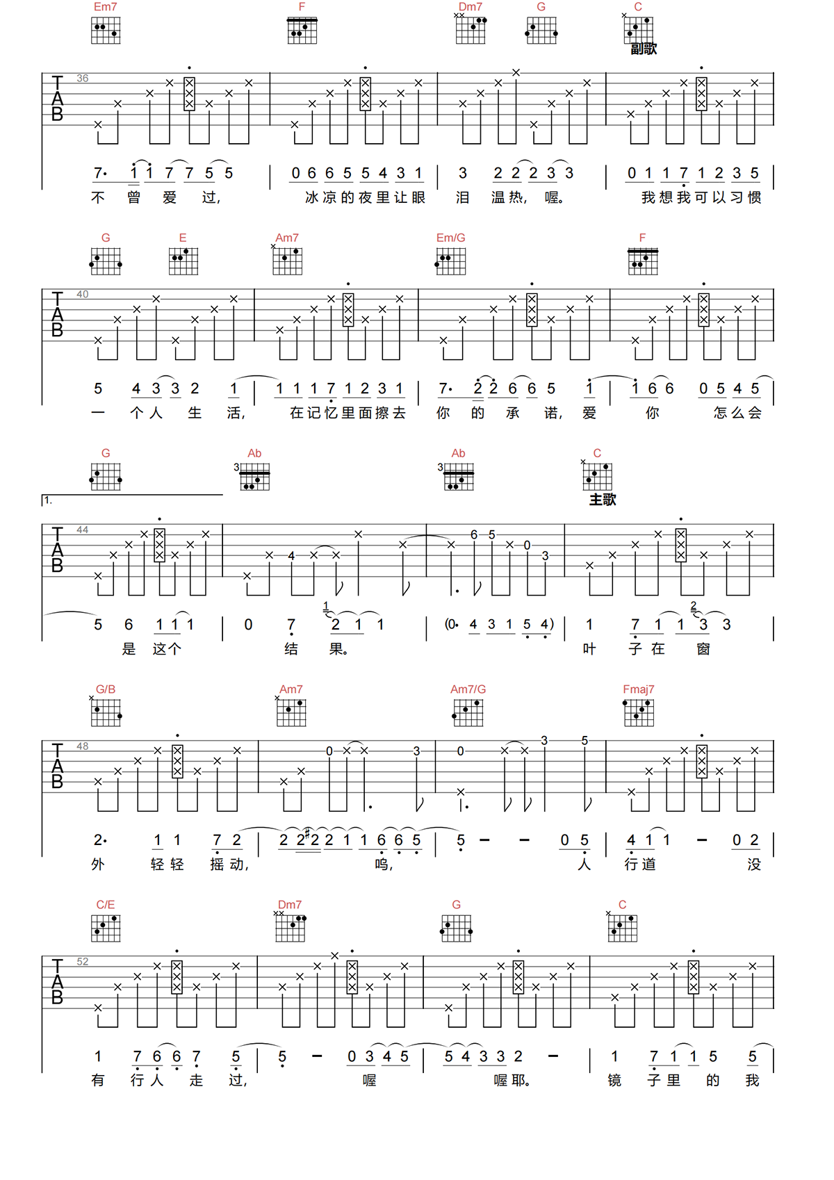 林凡《一个人生活吉他谱》C调原版吉他谱简谱