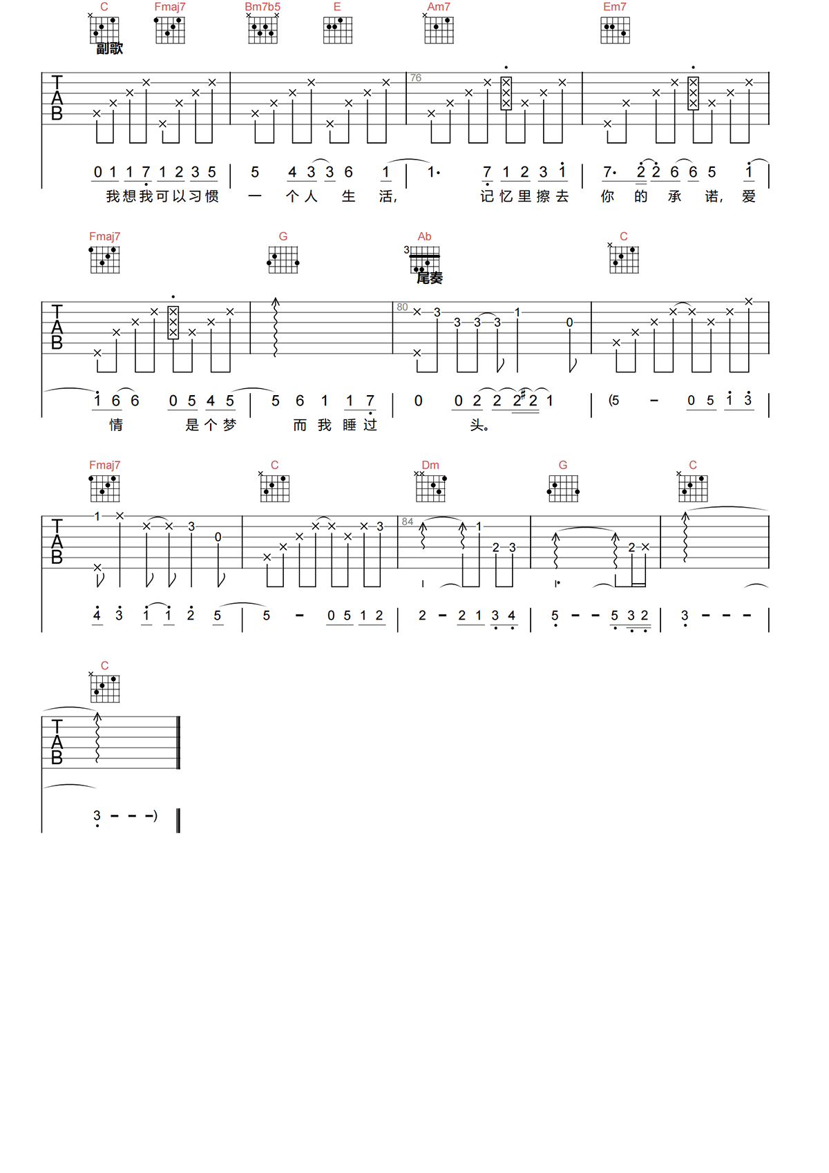 林凡《一个人生活吉他谱》C调原版吉他谱简谱