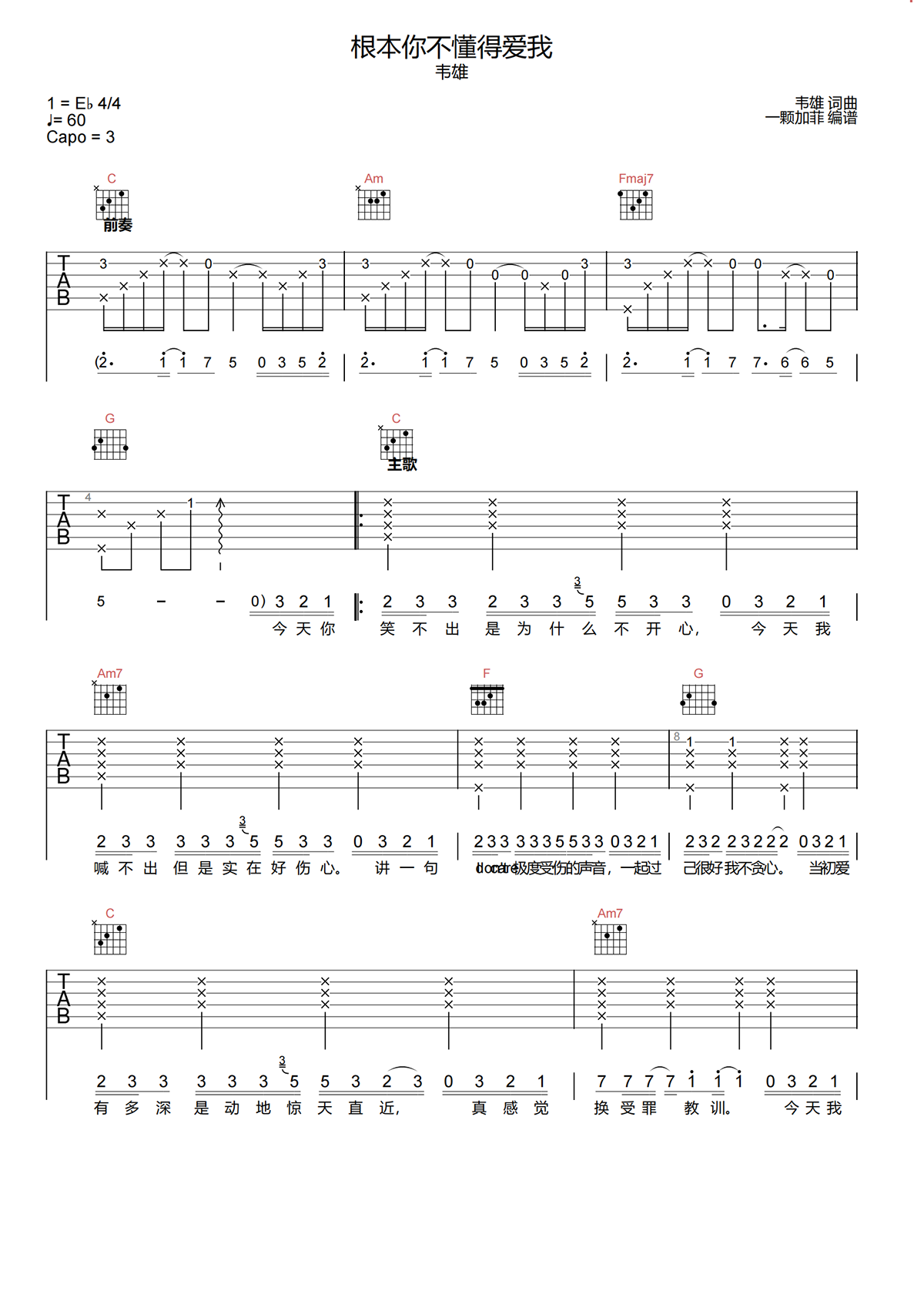 韦雄《根本你不懂得爱我吉他谱》C调原版吉他谱简谱