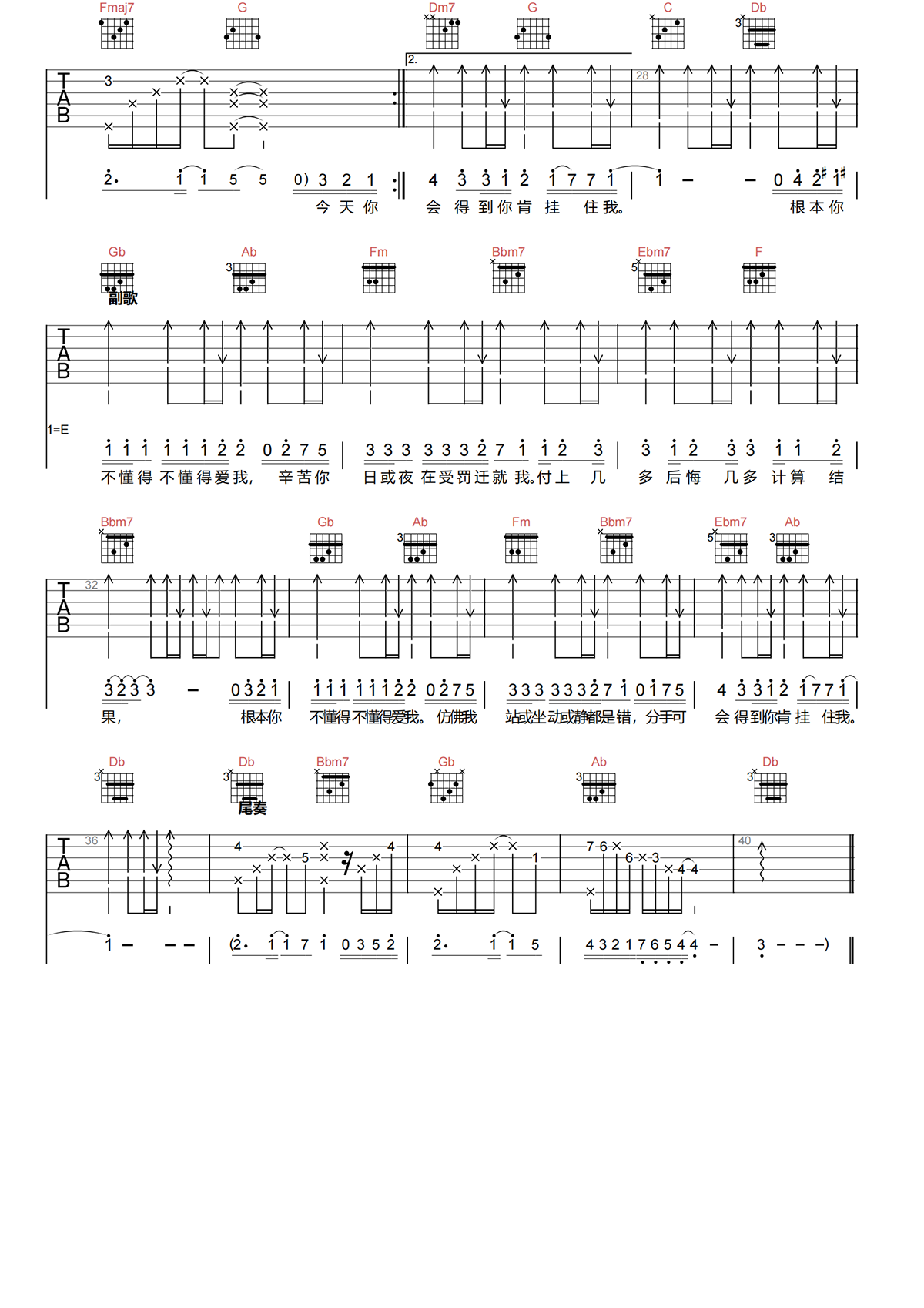 韦雄《根本你不懂得爱我吉他谱》C调原版吉他谱简谱