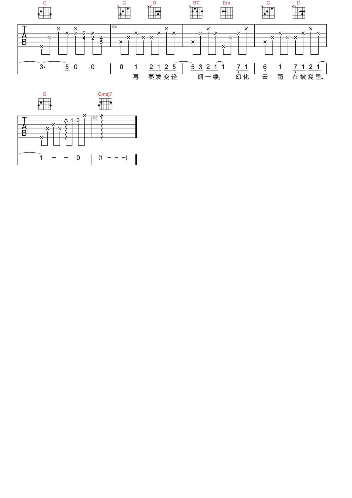 陈奕迅《床头床尾》吉他谱 G调原版吉他谱