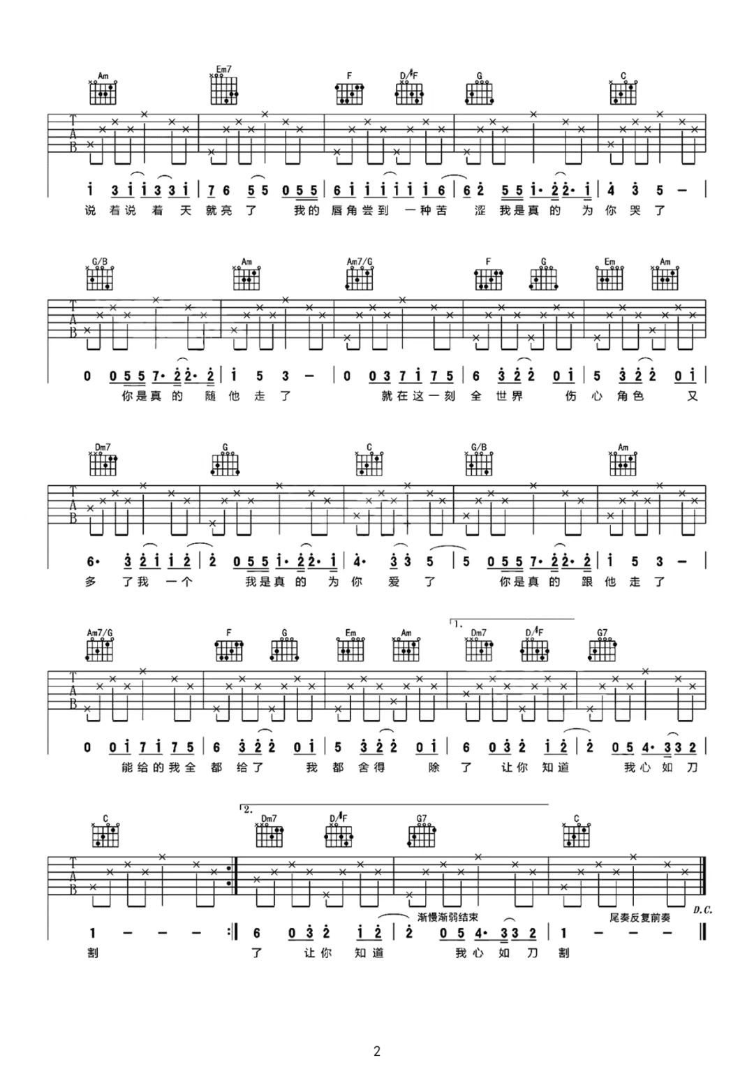 张学友《心如刀割》吉他谱-C调简谱