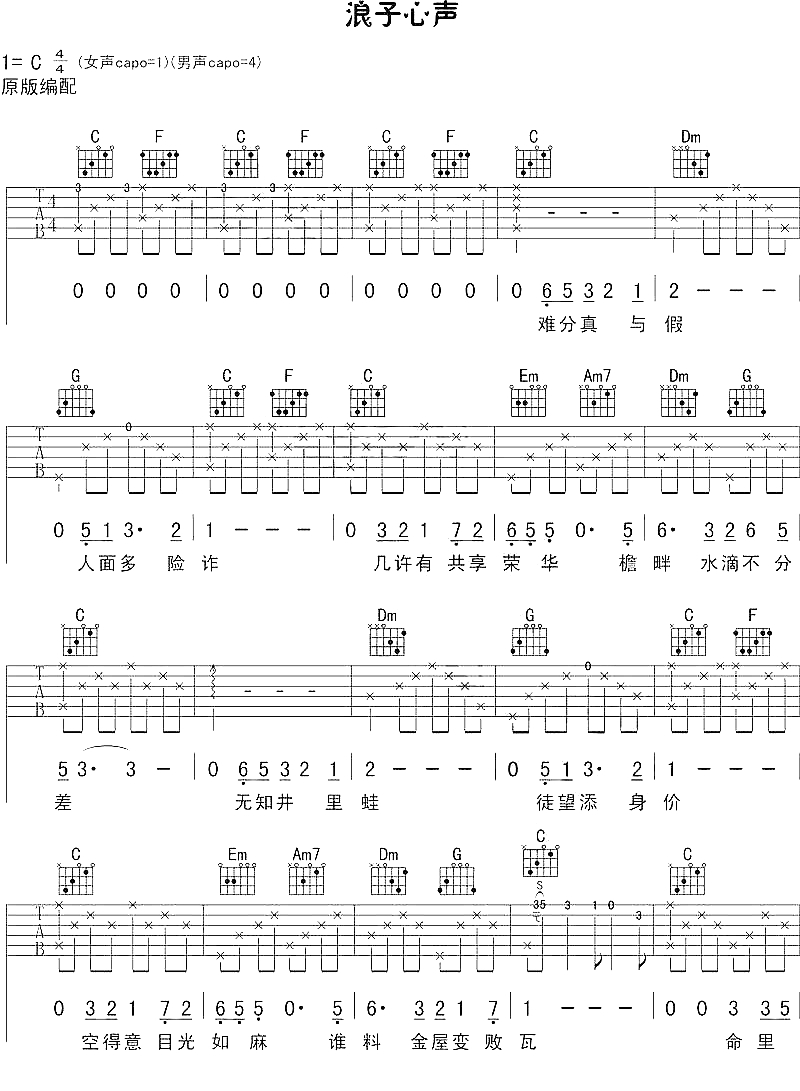 浪子心声吉他谱-许冠杰-C调原版弹唱谱简谱