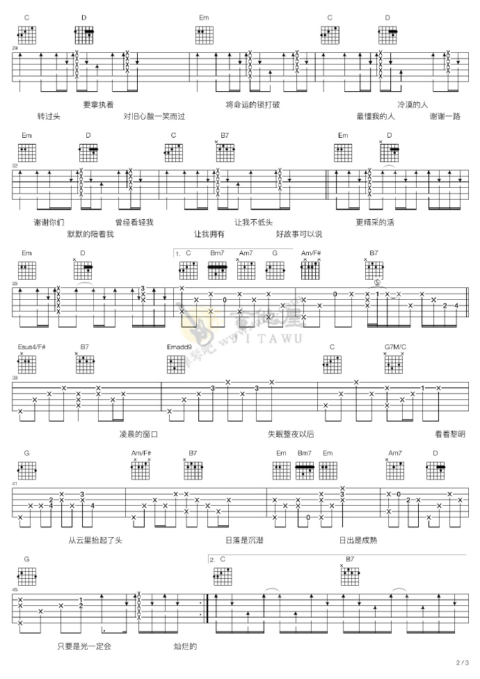 信乐团《海阔天空》吉他谱-C调吉他弹唱谱简谱