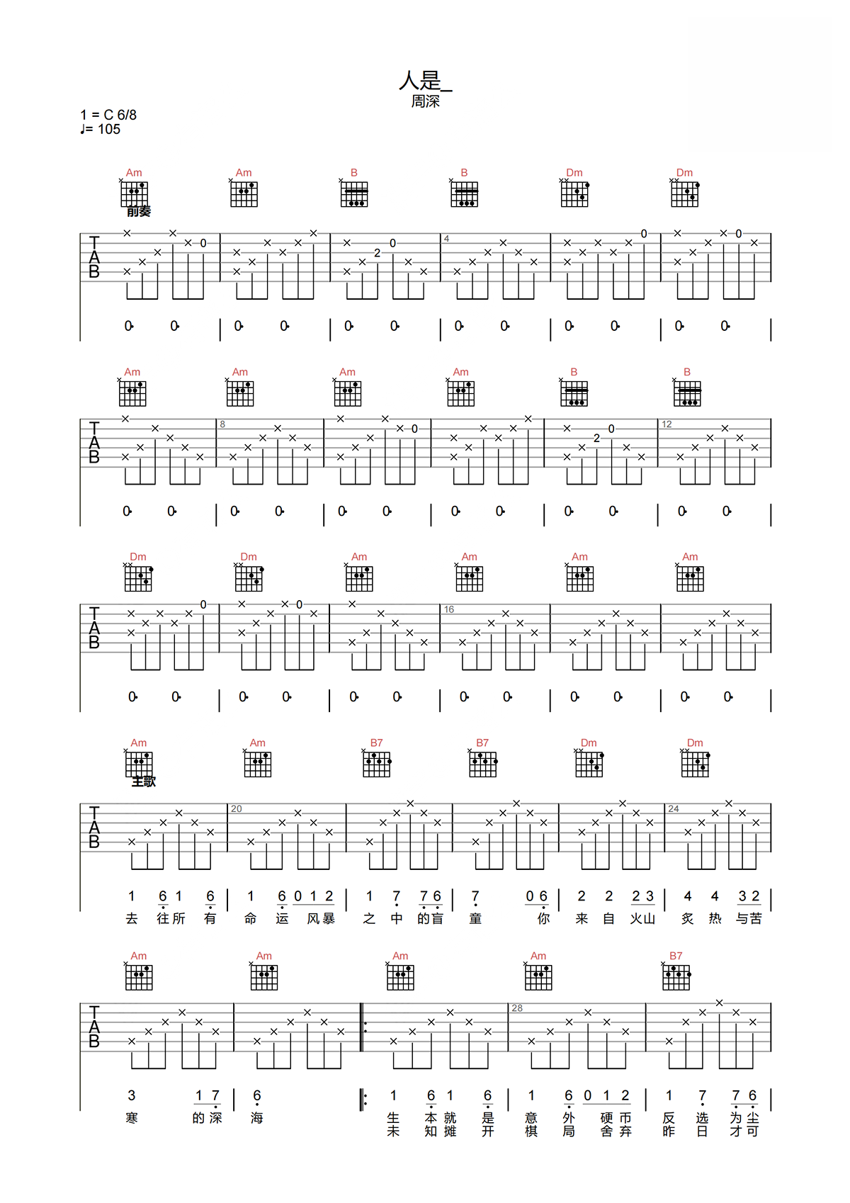 周深《人是》吉他谱-《人是》C调指法原版弹唱谱简谱
