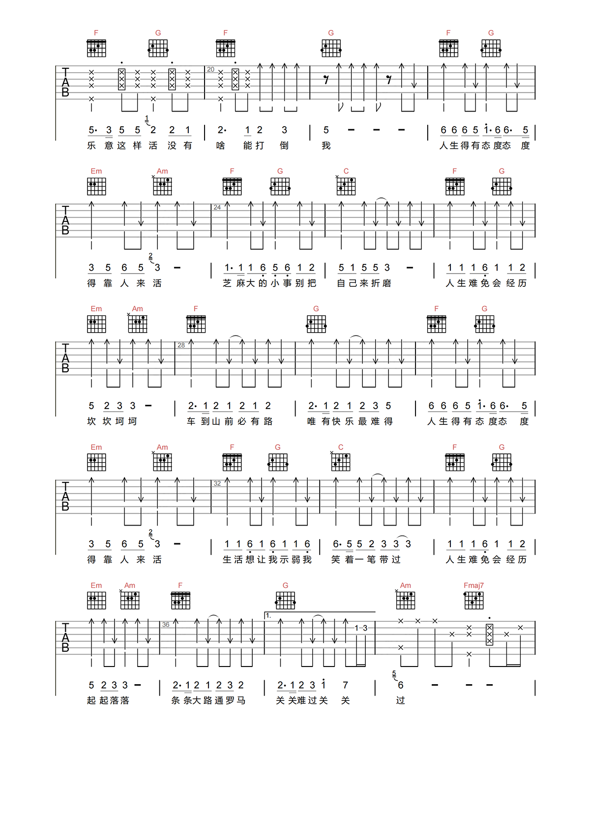 王七七《人生态度》吉他谱-C调原版弹唱谱简谱