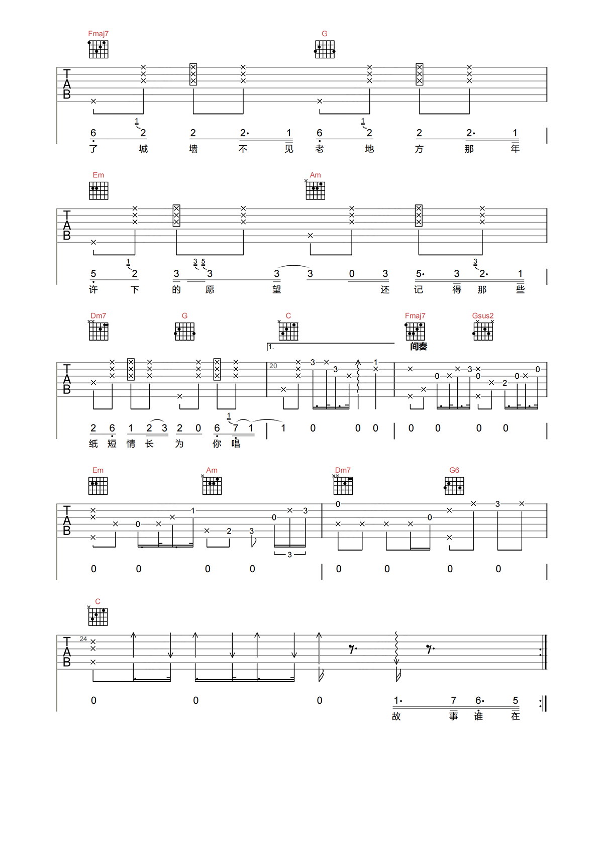 小模样吉他谱-张小只YA-小模样C调原版吉他谱简谱