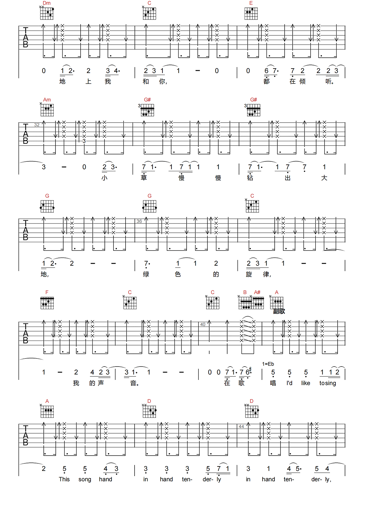 绿色的旋律吉他谱-陈洁丽-C调原版吉他谱-高清弹唱谱简谱