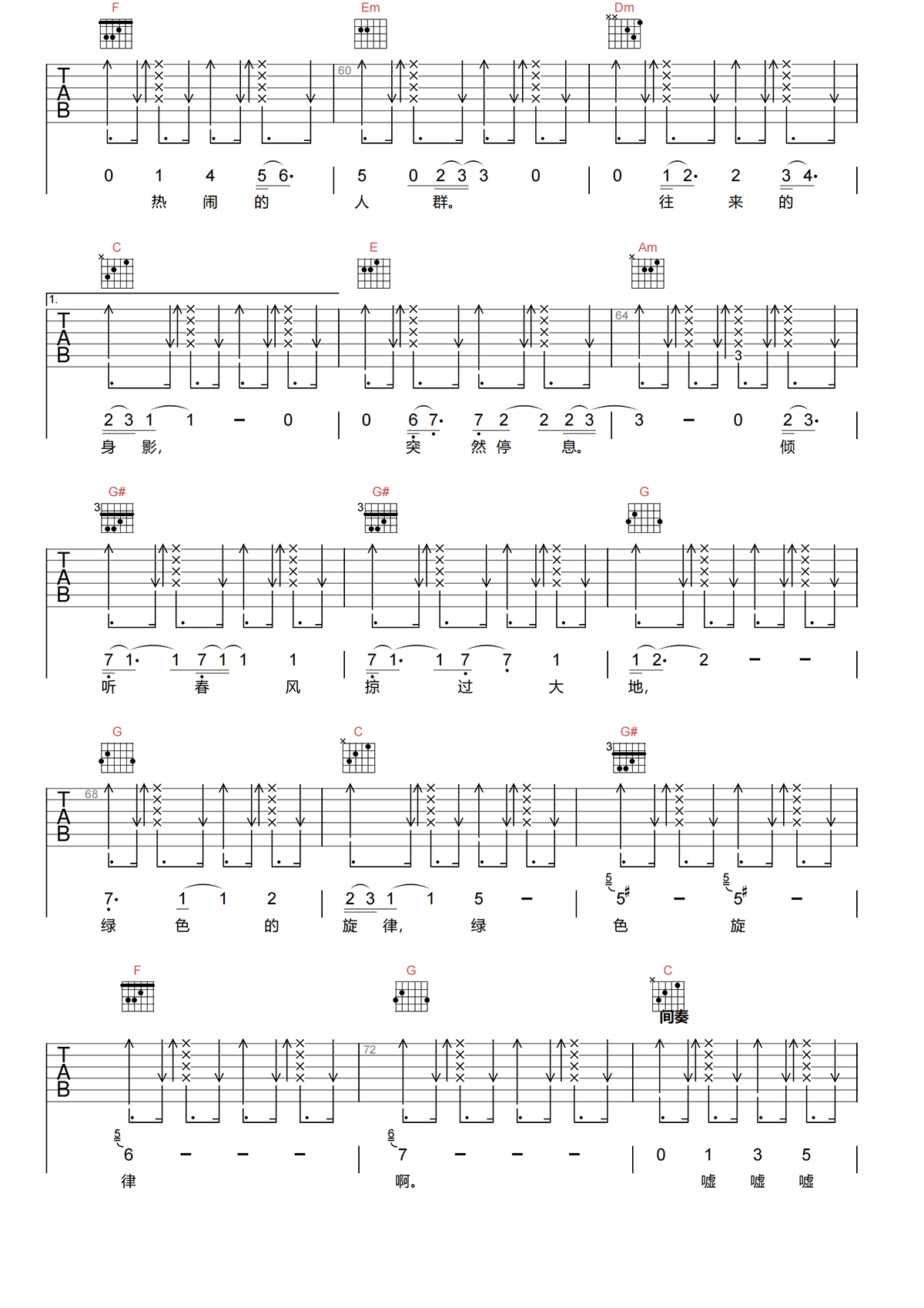 绿色的旋律吉他谱-陈洁丽-C调原版吉他谱-高清弹唱谱简谱