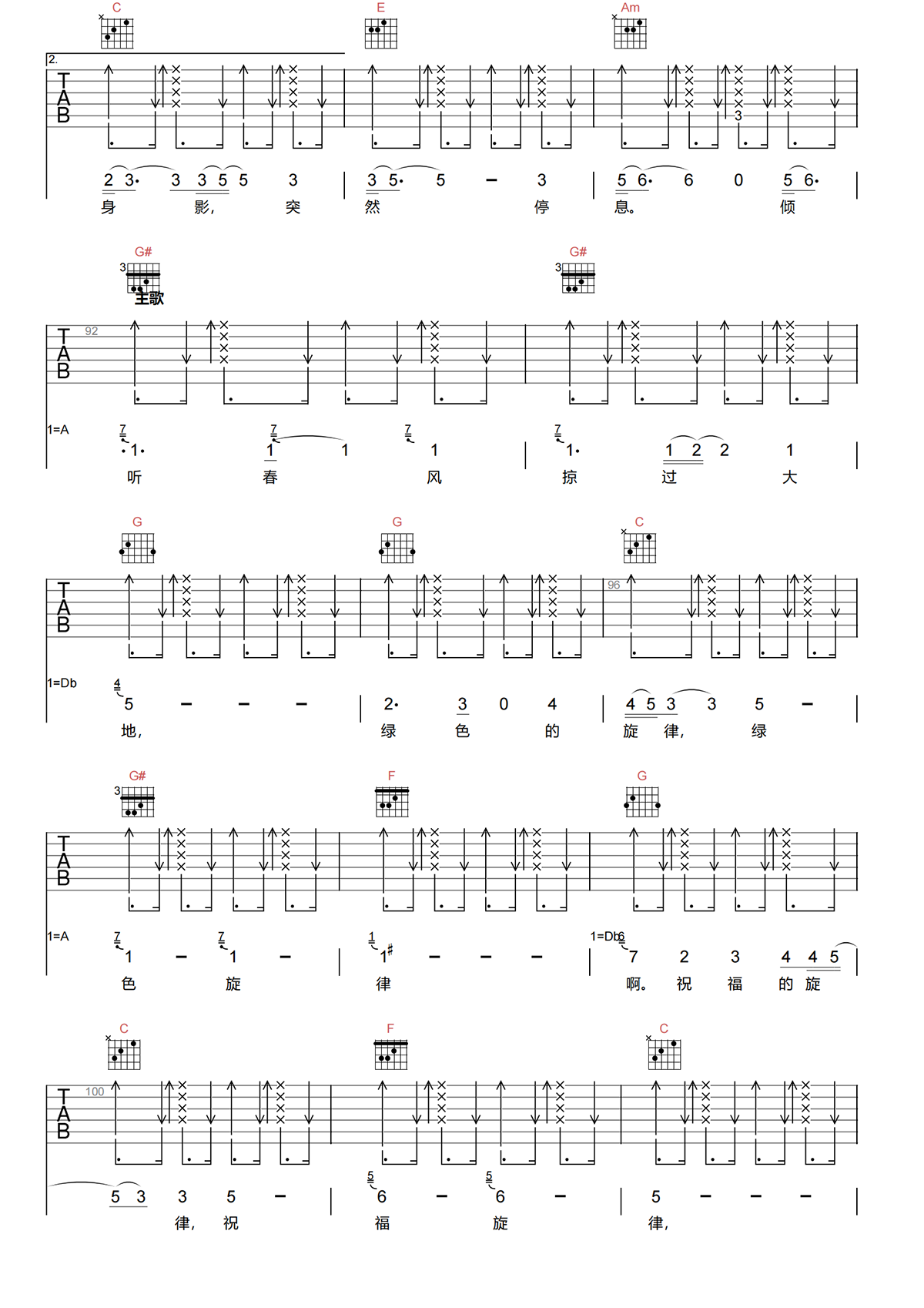 绿色的旋律吉他谱-陈洁丽-C调原版吉他谱-高清弹唱谱简谱