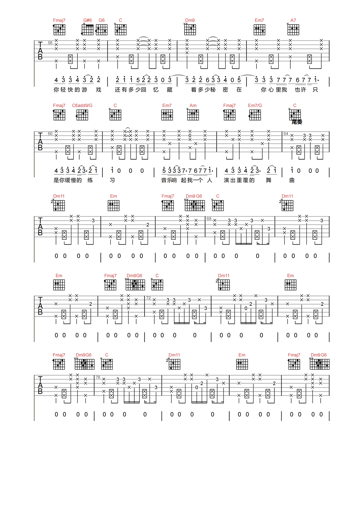 陈绮贞《小步舞曲》吉他谱-C调原版弹唱谱简谱