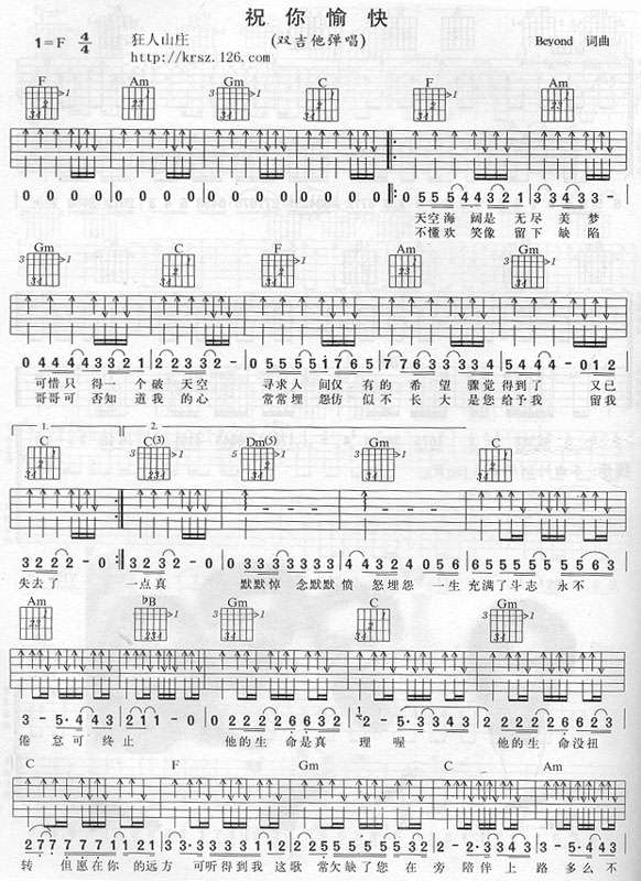 《祝你愉快》吉他谱-BEYOND-F调原版吉他谱-带尾奏SOLO简谱
