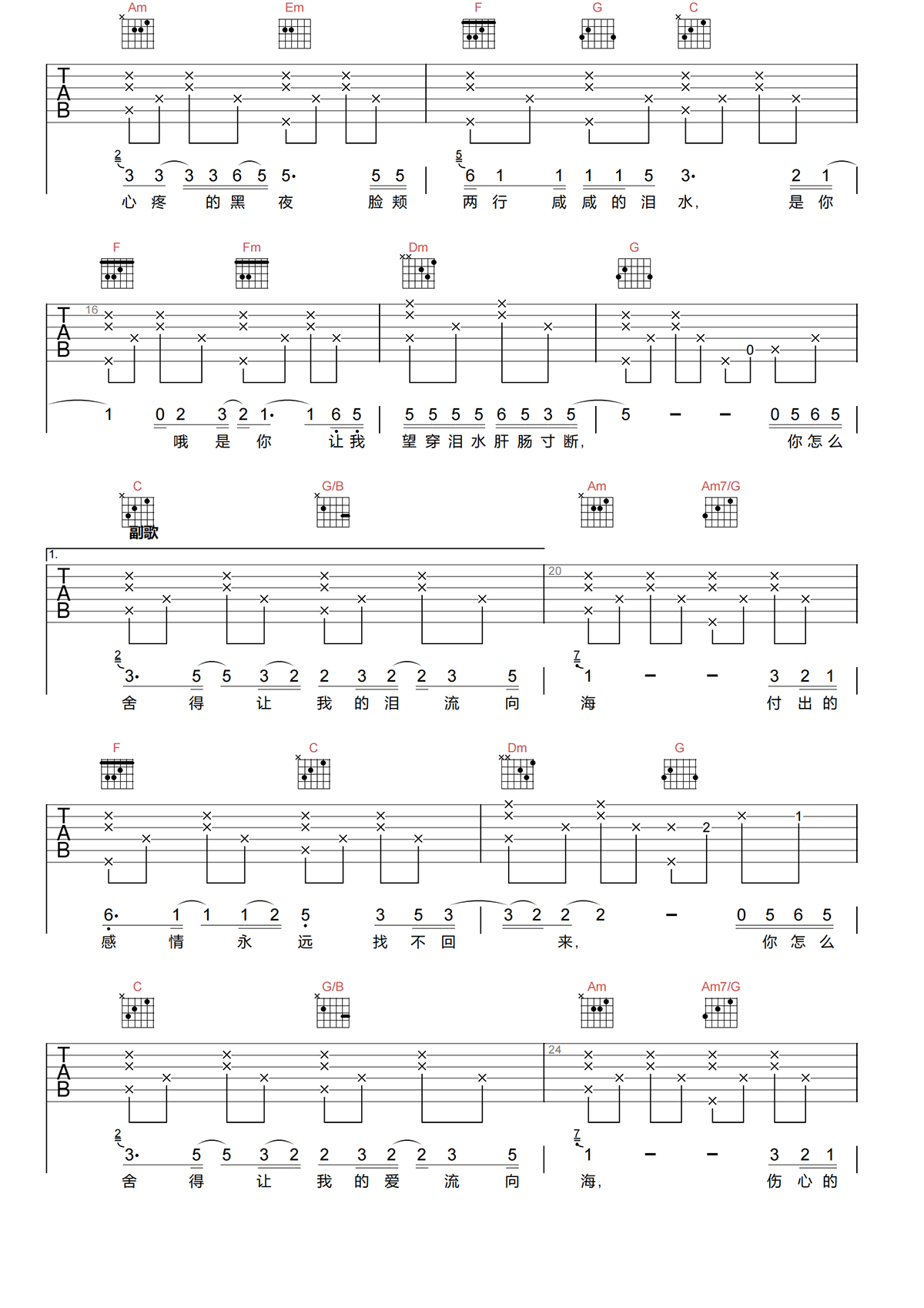 泪海吉他谱-许茹芸-泪海C调原版吉他谱-高清弹唱谱简谱