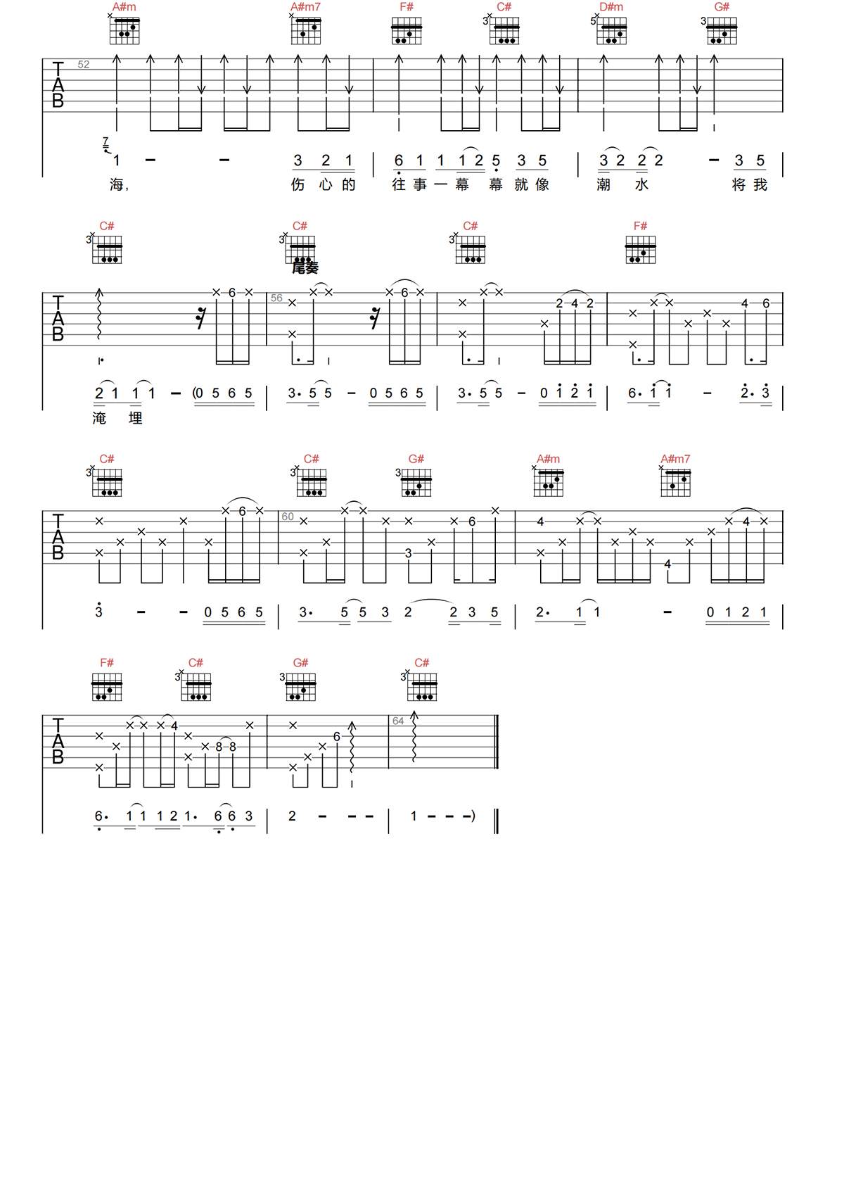 泪海吉他谱-许茹芸-泪海C调原版吉他谱-高清弹唱谱简谱
