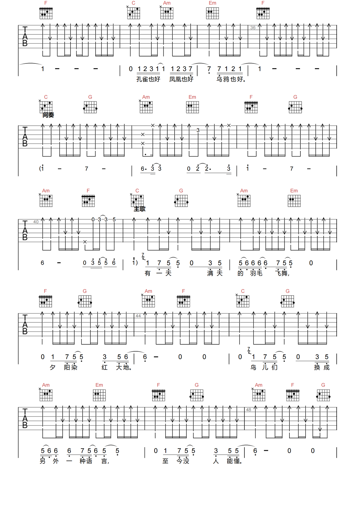 鸟语吉他谱-万晓利-鸟语C调扫弦弹唱吉他谱简谱