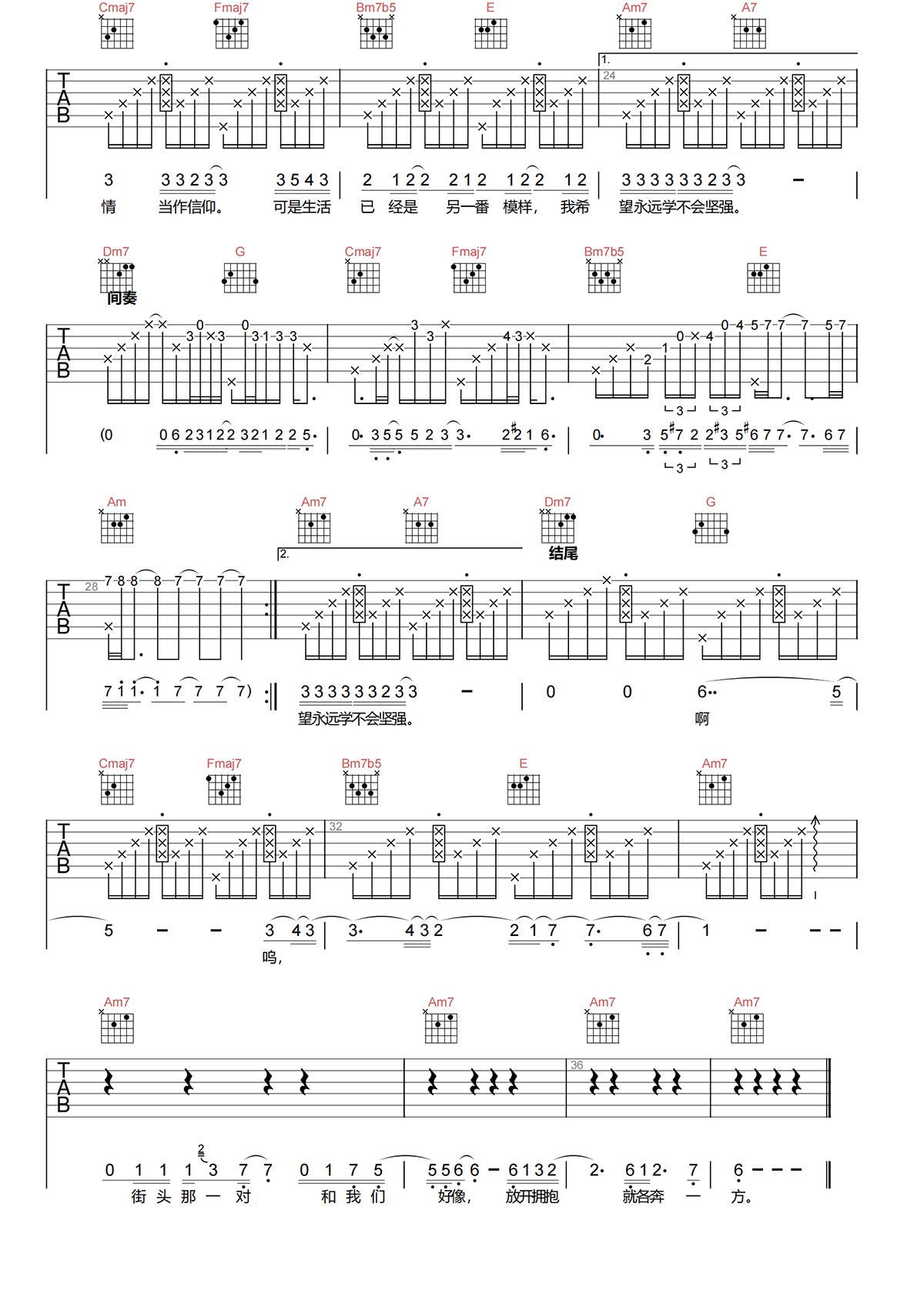 如果爱下去吉他谱-张靓颖-C调原版吉他谱-高清弹唱谱简谱