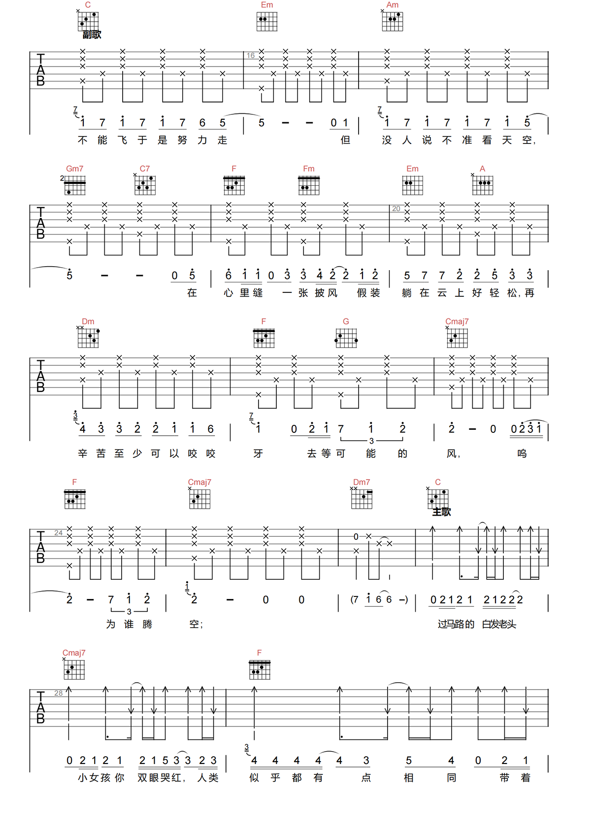 披风吉他谱-陈奕迅-披风C调吉他谱-原版弹唱谱简谱