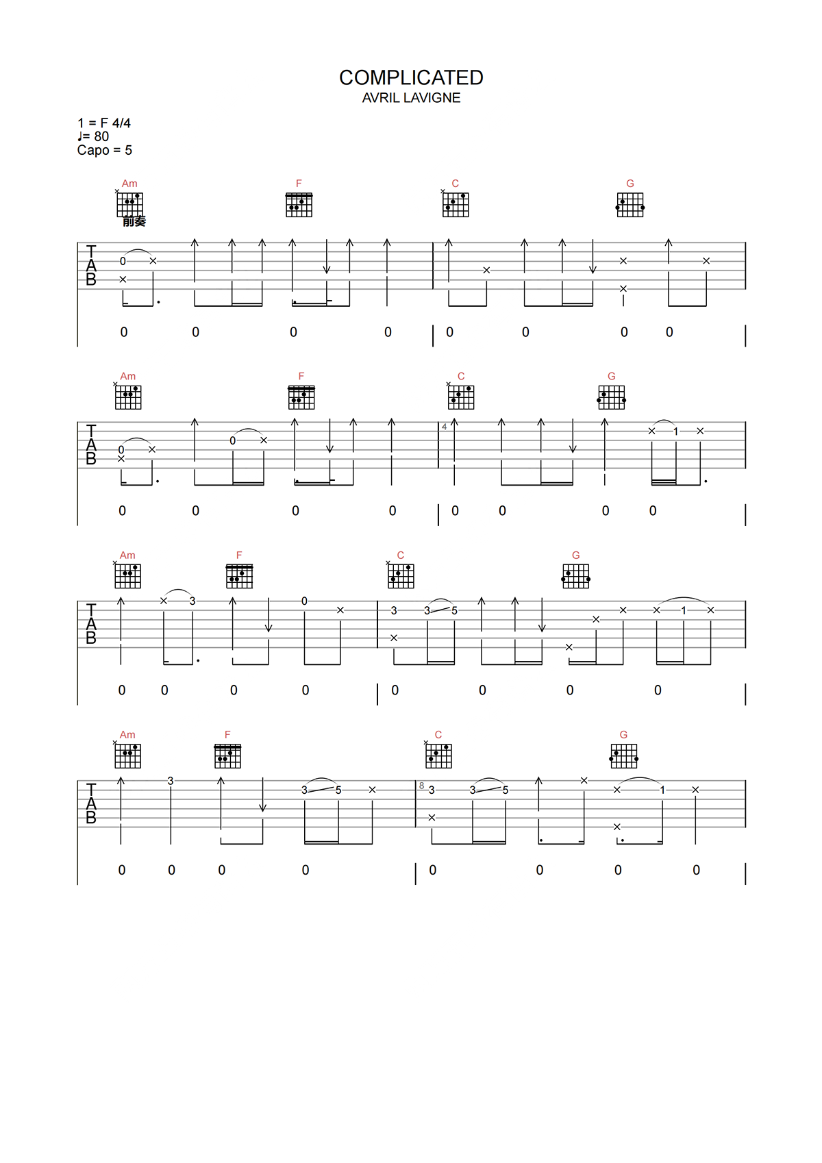 Avril《complicated》吉他谱-C调原版弹唱谱简谱