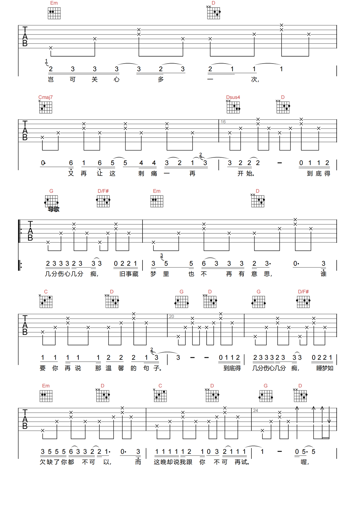 几分伤心几分痴吉他谱-王杰-G调原版吉他谱-高清弹唱谱简谱