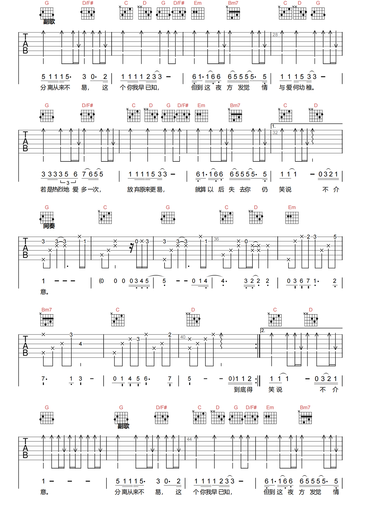 几分伤心几分痴吉他谱-王杰-G调原版吉他谱-高清弹唱谱简谱