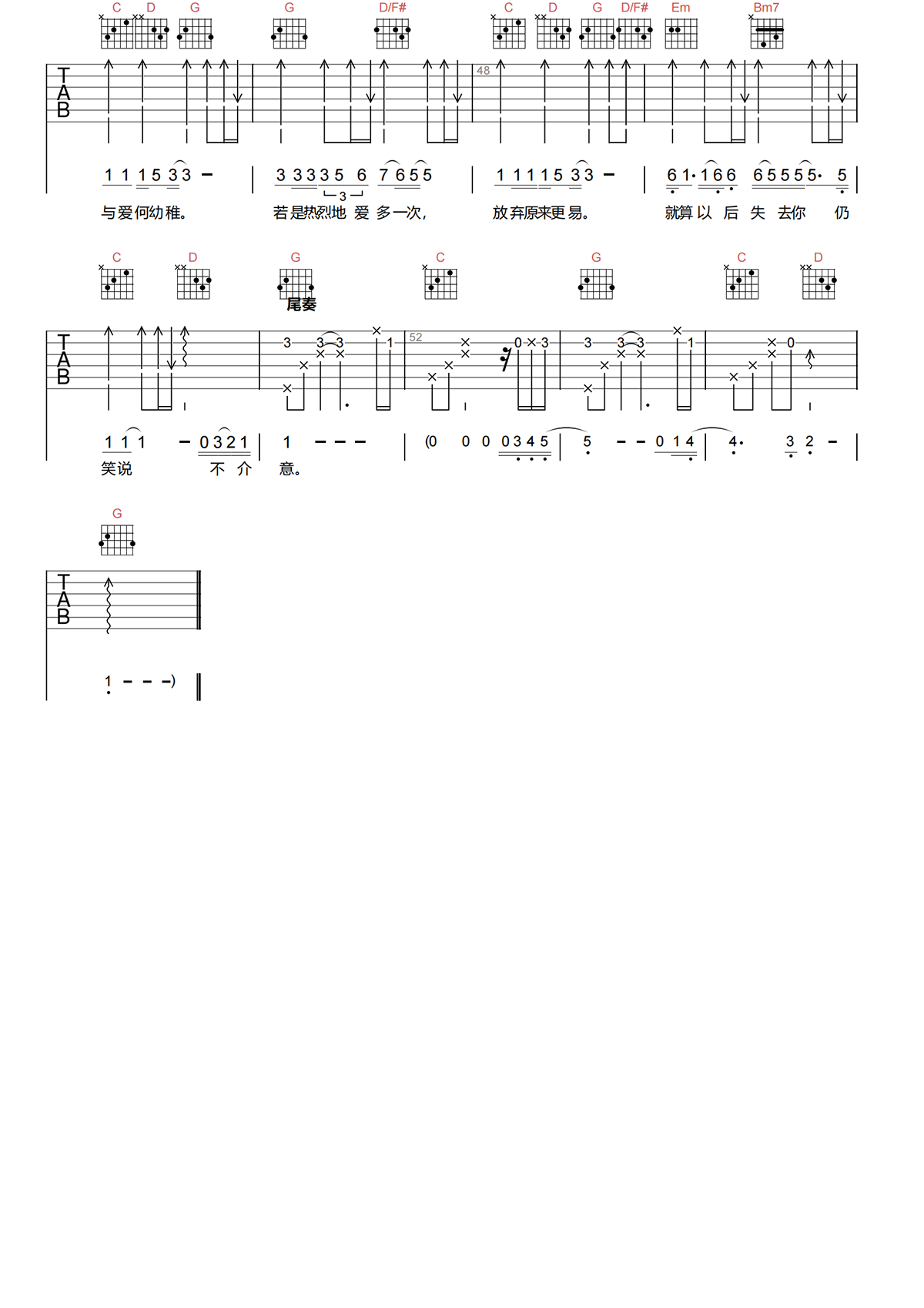 几分伤心几分痴吉他谱-王杰-G调原版吉他谱-高清弹唱谱简谱
