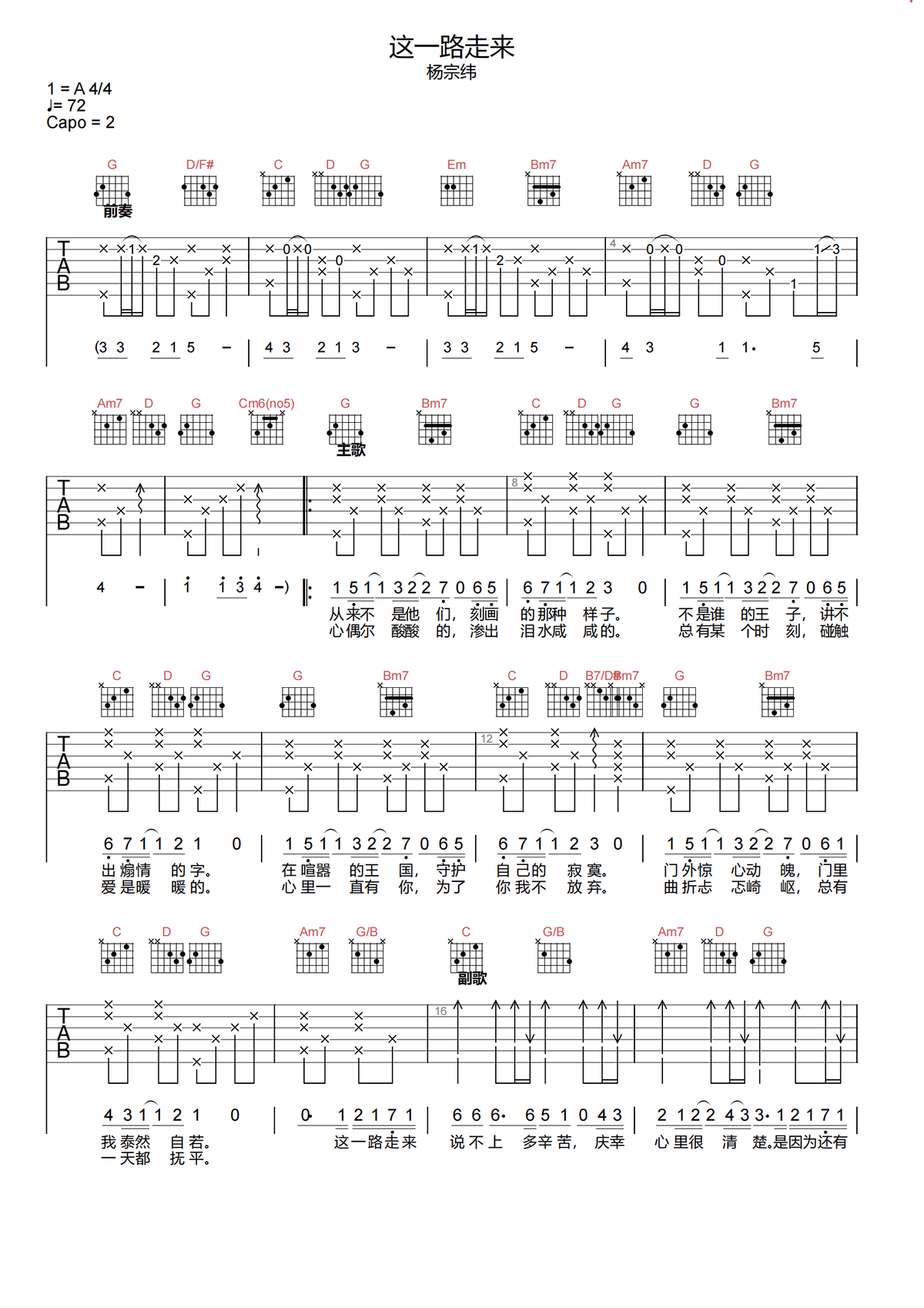 这一路走来吉他谱-杨宗纬-G调原版吉他谱-高清弹唱谱简谱