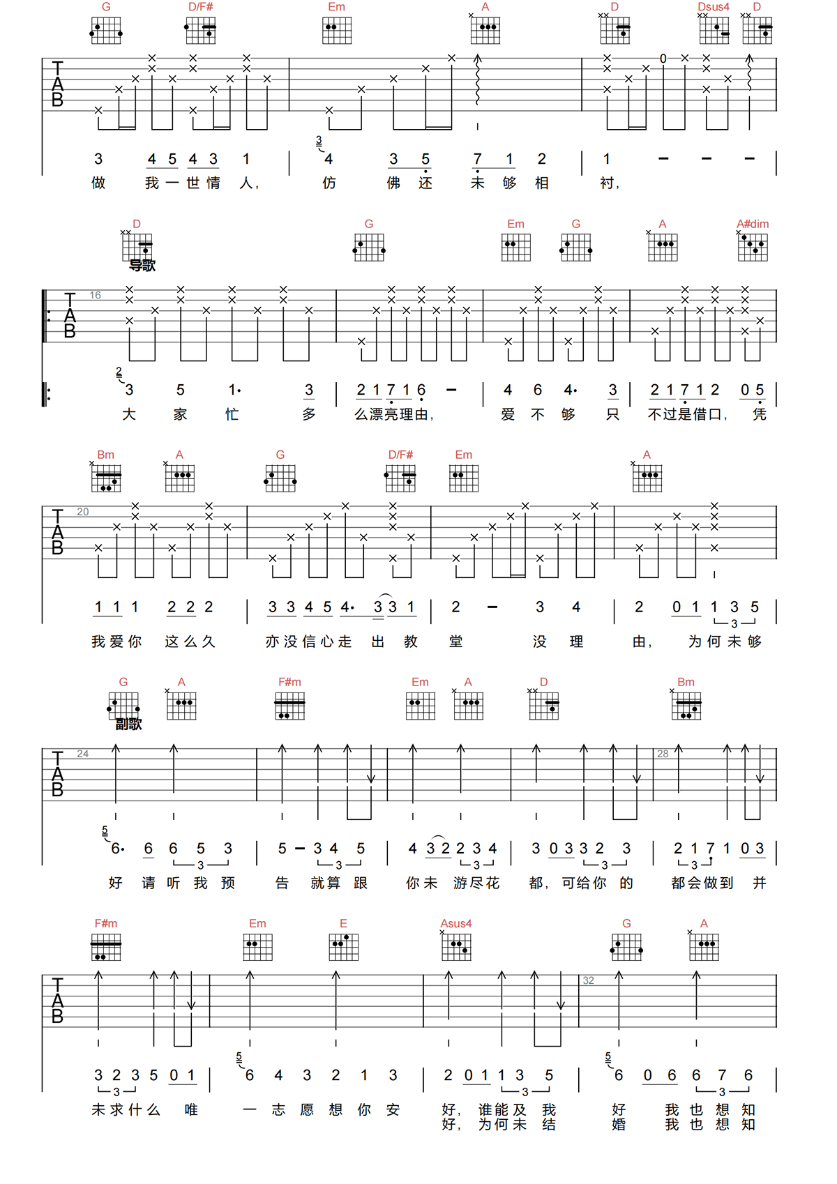 合久必婚吉他谱-李克勤-D调原版吉他谱-高清弹唱谱简谱
