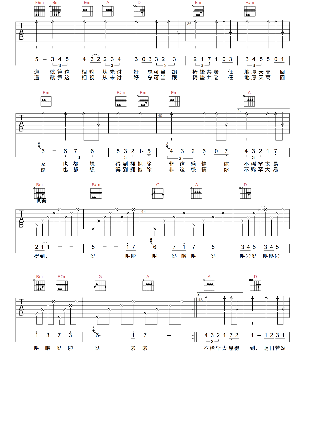 合久必婚吉他谱-李克勤-D调原版吉他谱-高清弹唱谱简谱