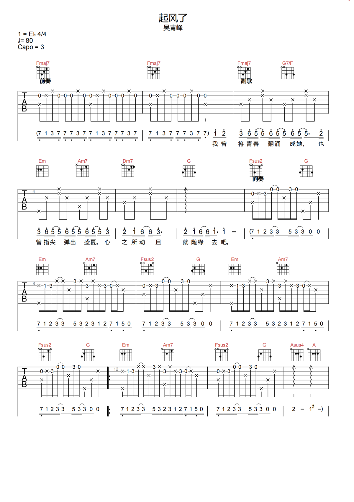 起风了吉他谱-吴青峰-起风了C调吉他谱-原版弹唱谱简谱