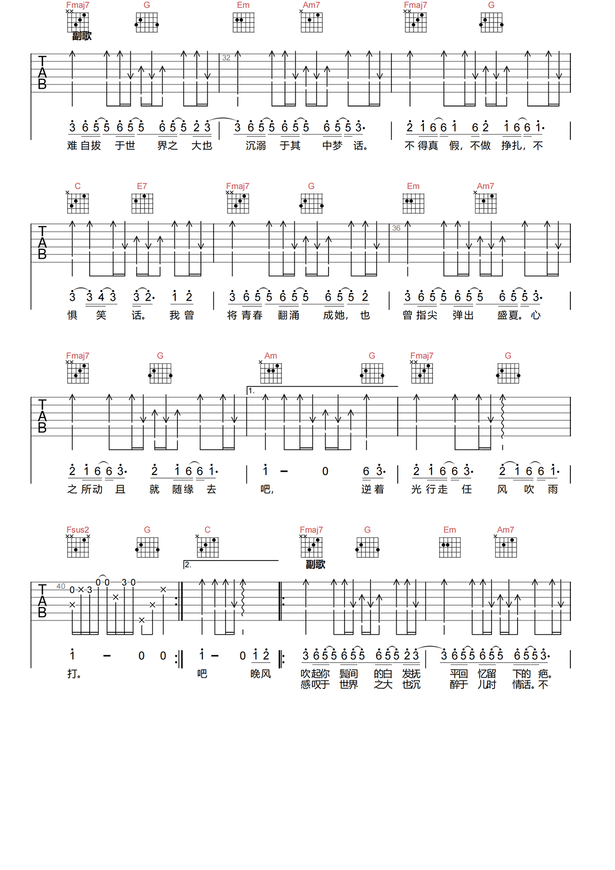 起风了吉他谱-吴青峰-起风了C调吉他谱-原版弹唱谱简谱
