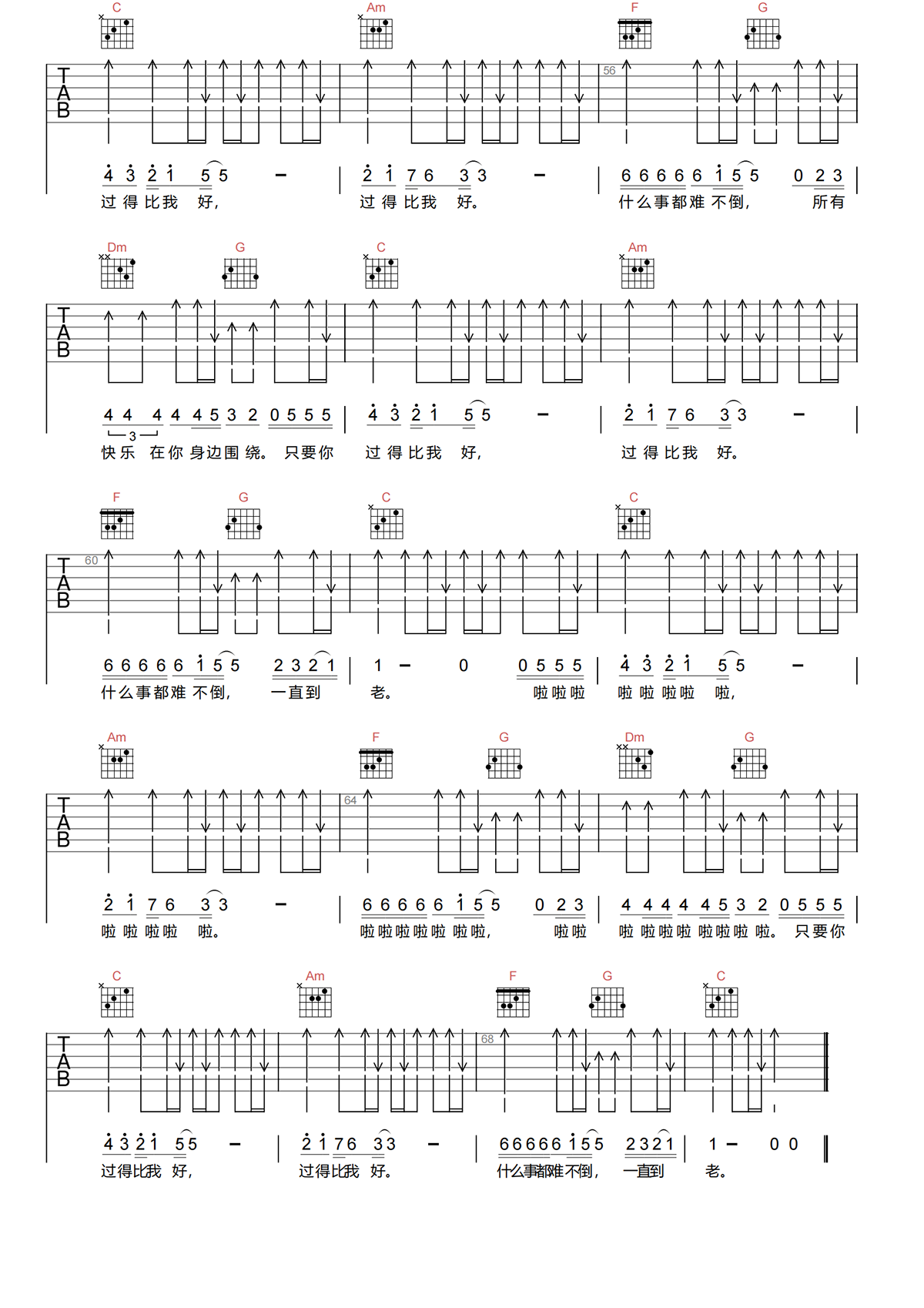 只要你过得比我好吉他谱-钟镇涛-C调原版吉他谱简谱