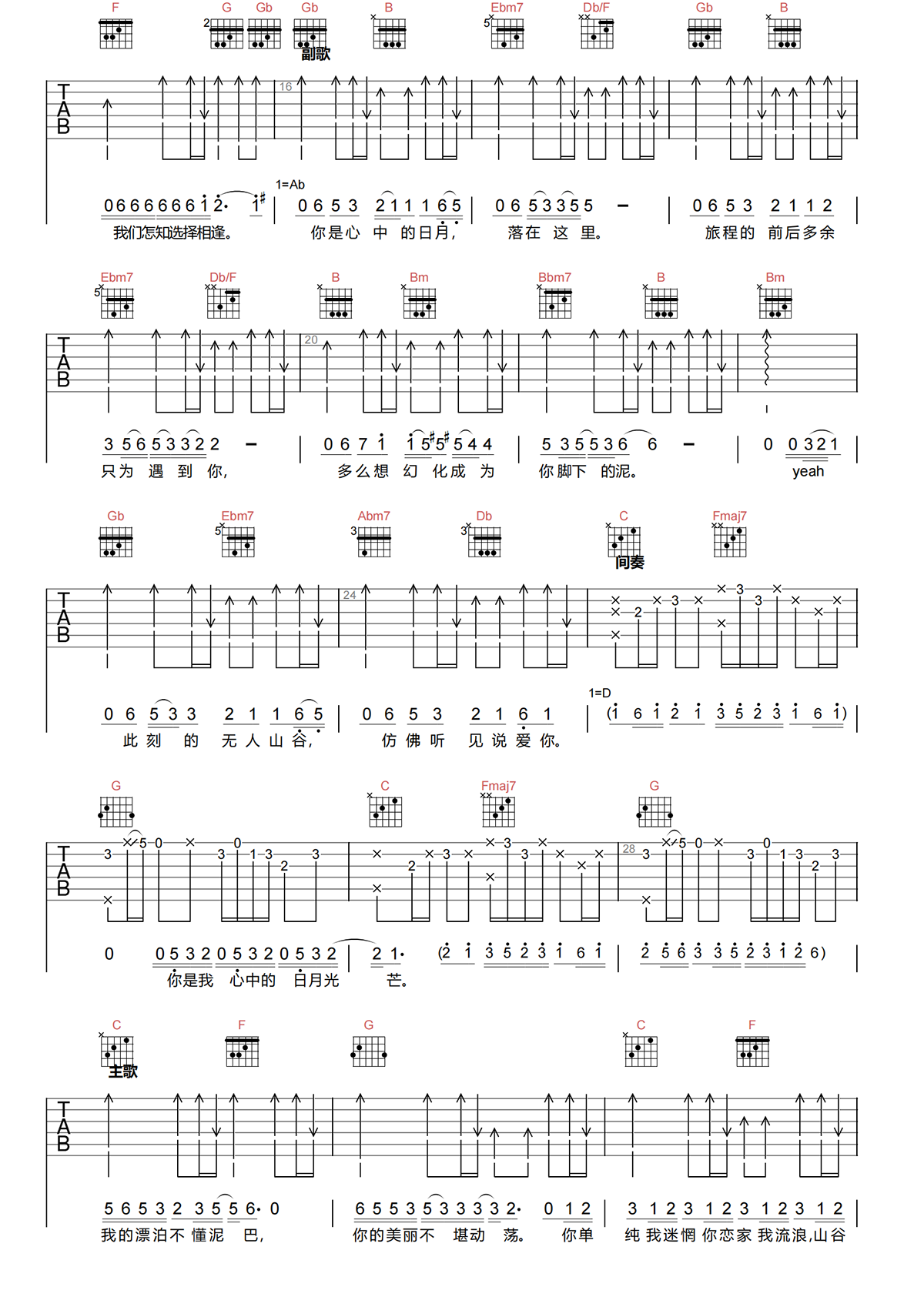 王力宏《心中的日月》吉他谱_C调 原版高清吉他谱-图2