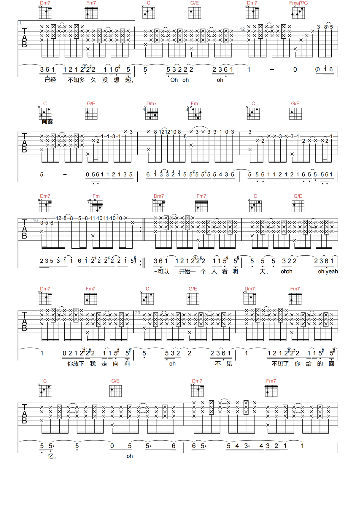 孙燕姿《一样的夏天》吉他谱-C调原版吉他谱